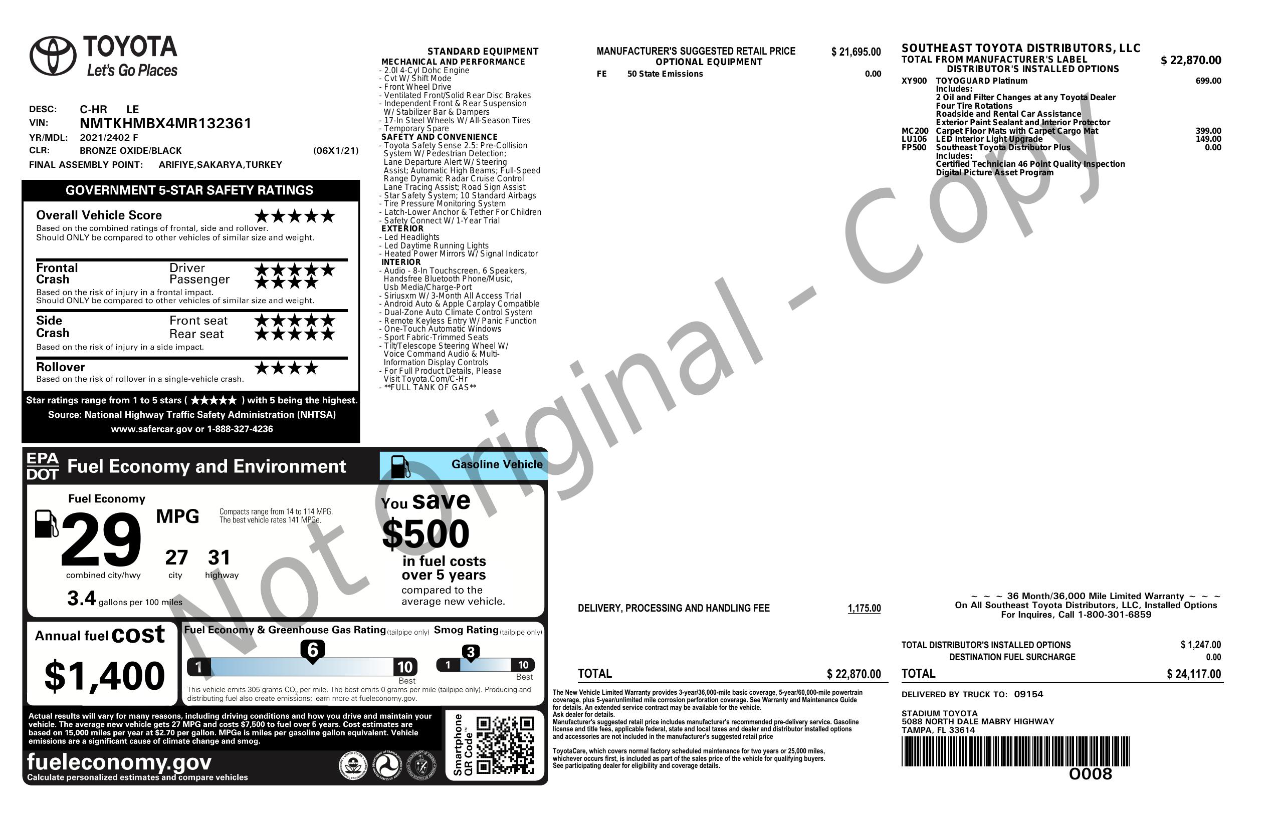 Original window sticker for 2021 TOYOTA C-HR LE