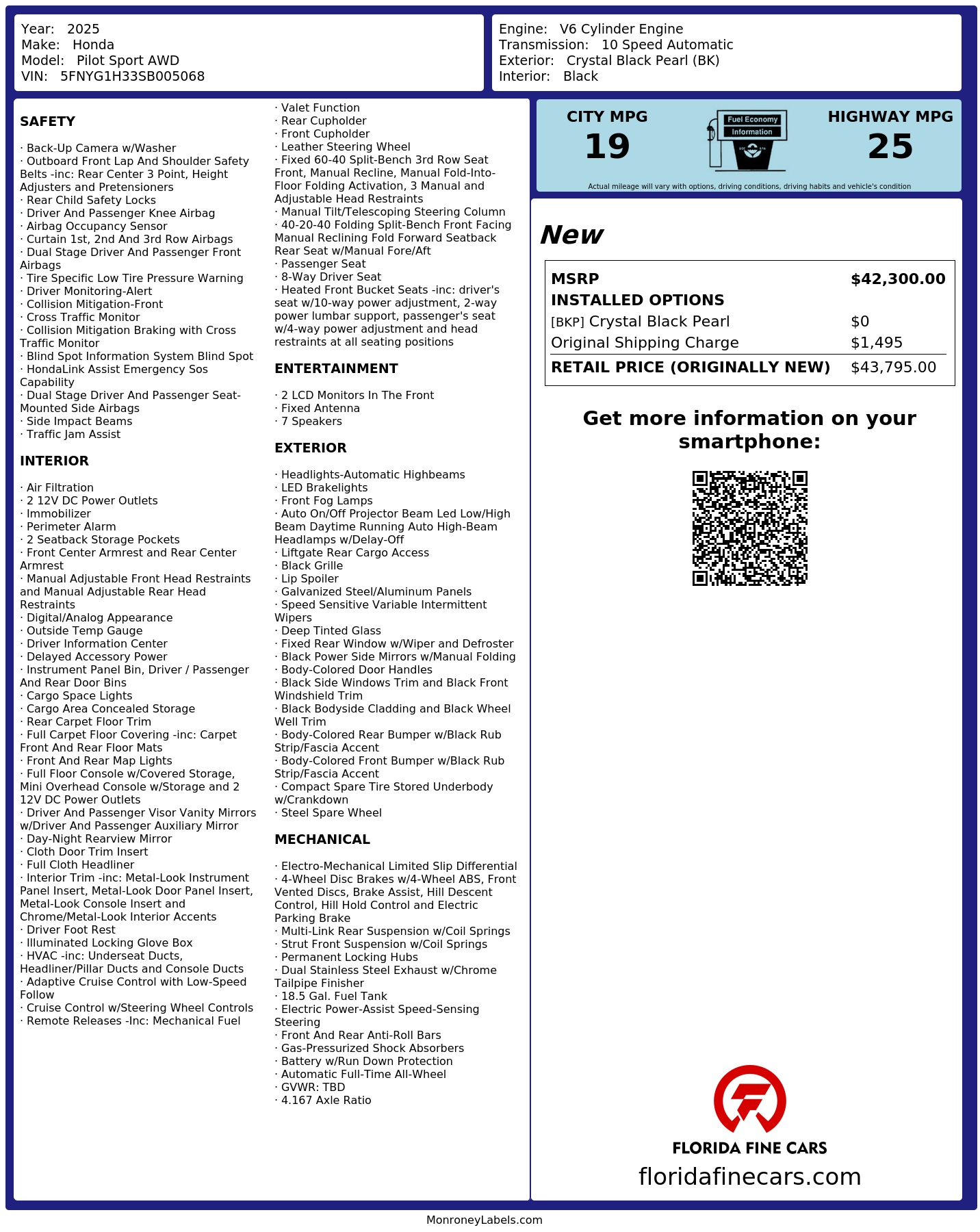 Original window sticker for 2025 HONDA PILOT SPORT