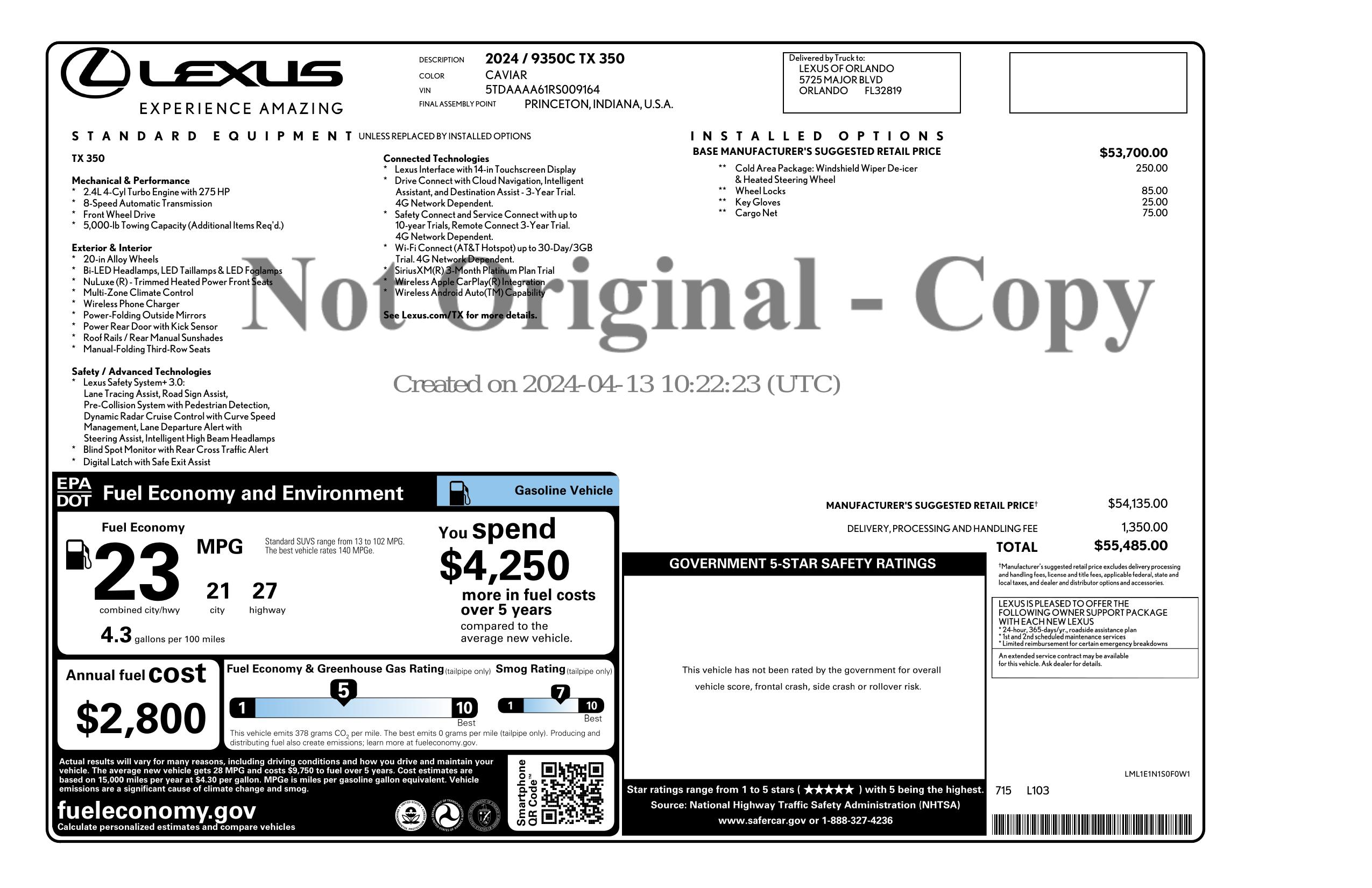 Original window sticker for 2024 LEXUS TX TX 350