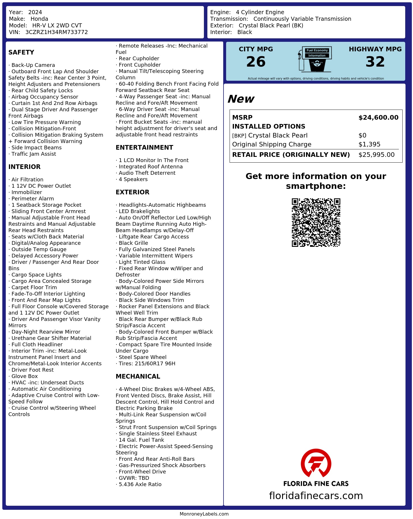 Original window sticker for 2024 HONDA HR-V LX