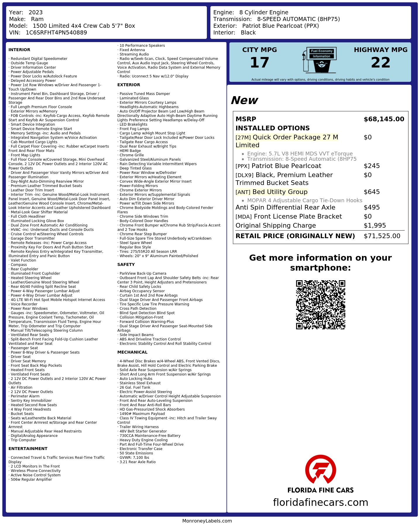 Original window sticker for 2023 RAM 1500 LIMITED