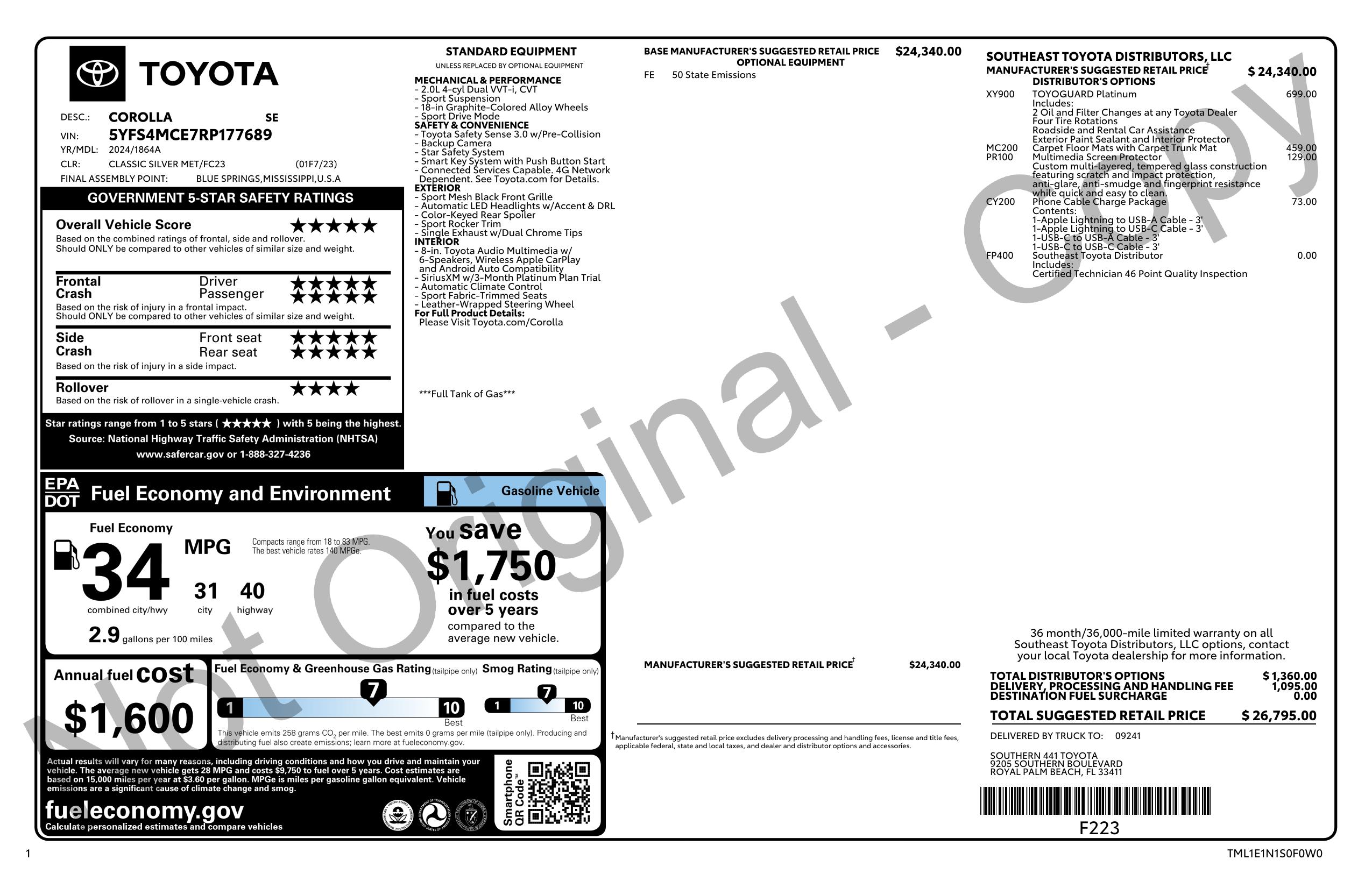 Original window sticker for 2024 TOYOTA COROLLA SE