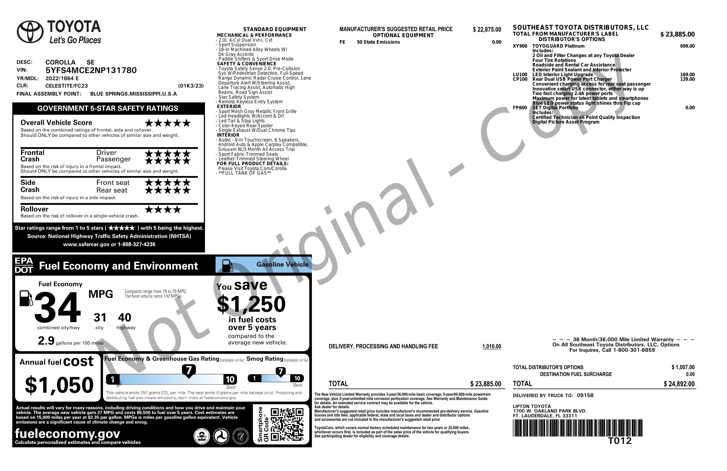 Original window sticker for 2022 TOYOTA COROLLA SE