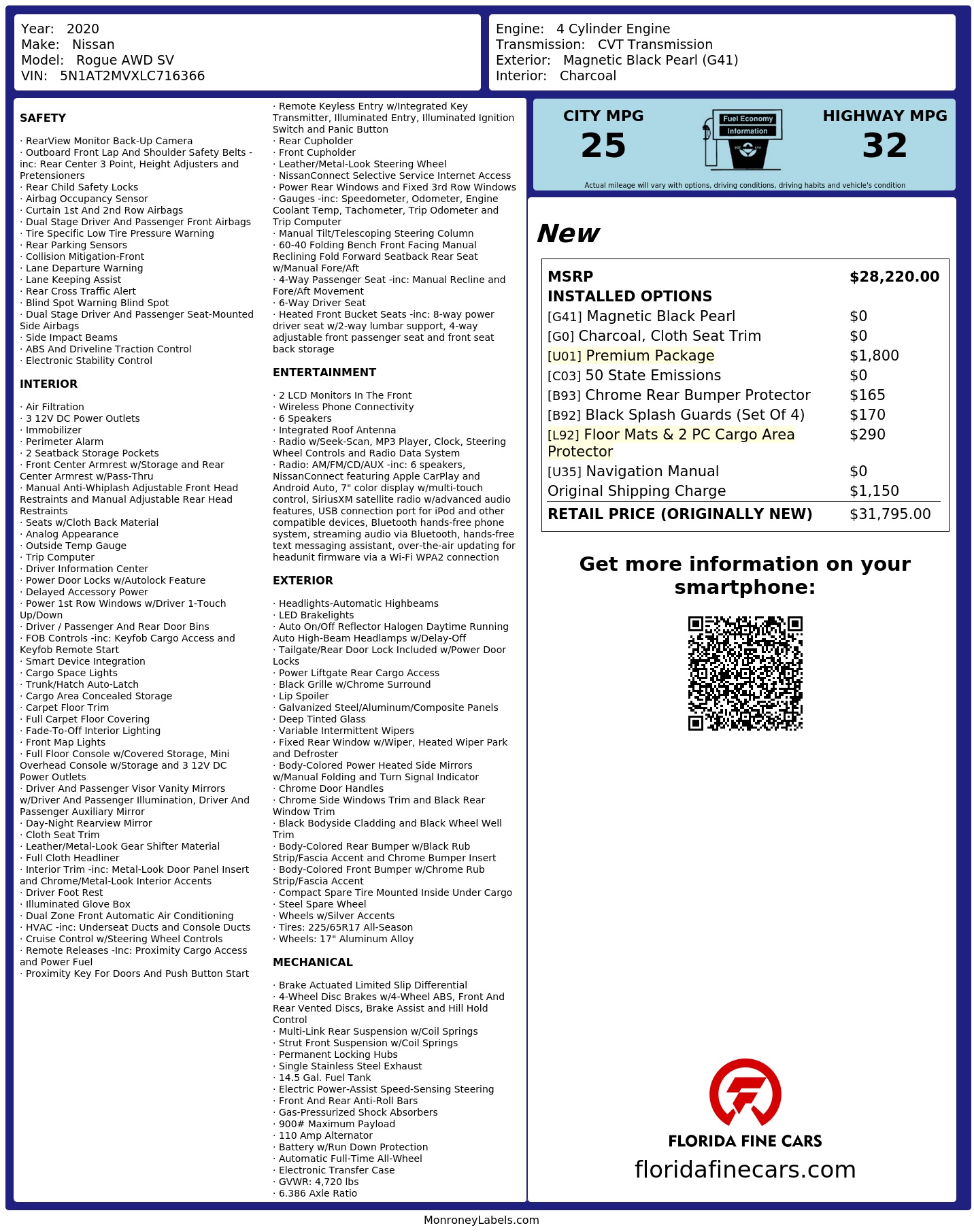 Original window sticker for 2020 NISSAN ROGUE SV