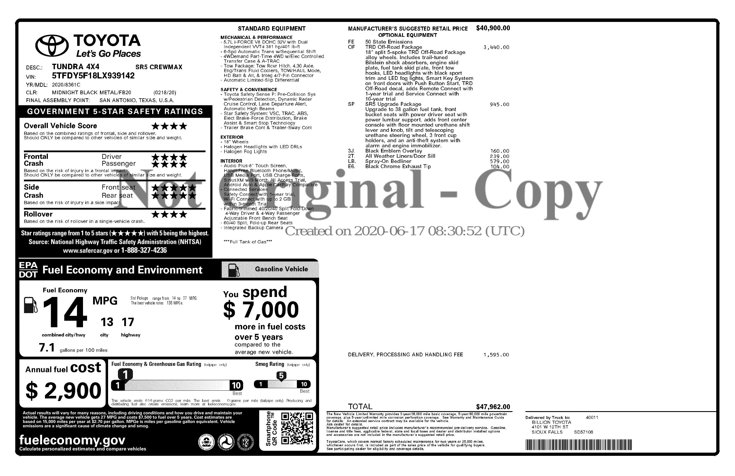 Original window sticker for 2020 TOYOTA TUNDRA 4WD SR5