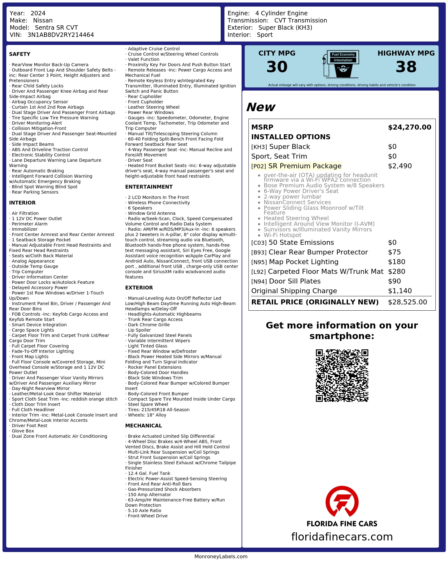 Original window sticker for 2024 NISSAN SENTRA SR