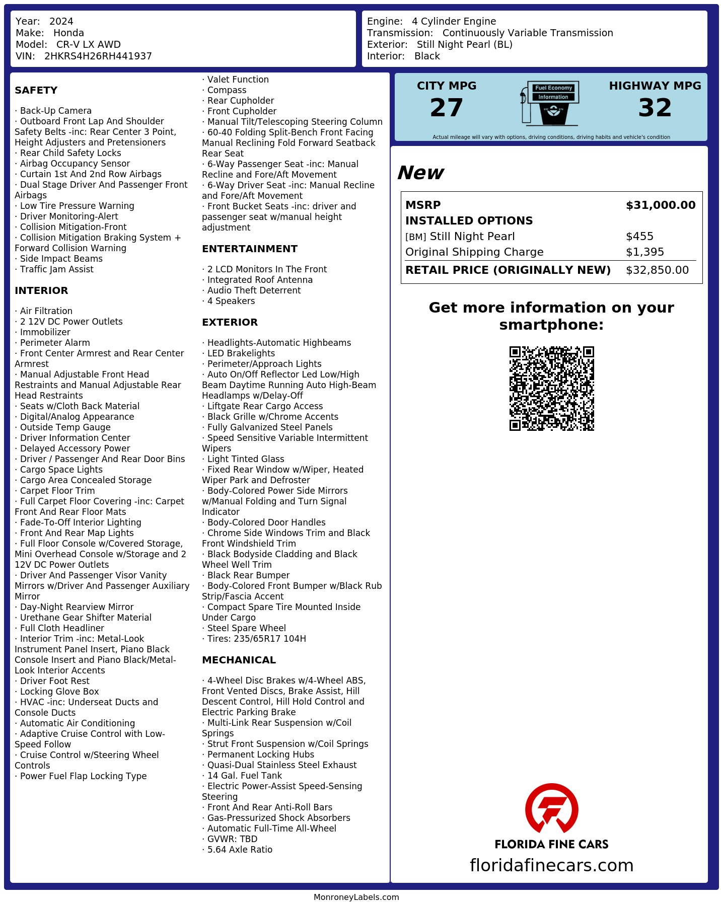 Original window sticker for 2024 HONDA CR-V LX