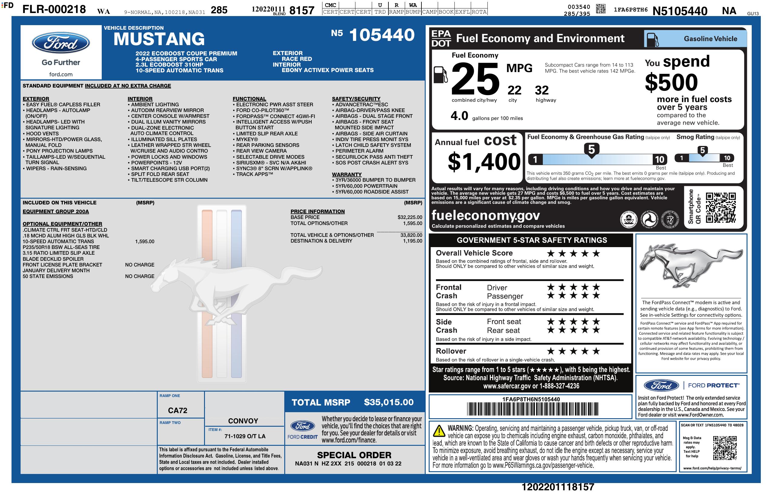 Original window sticker for 2022 FORD MUSTANG ECOBOOST PREMIUM