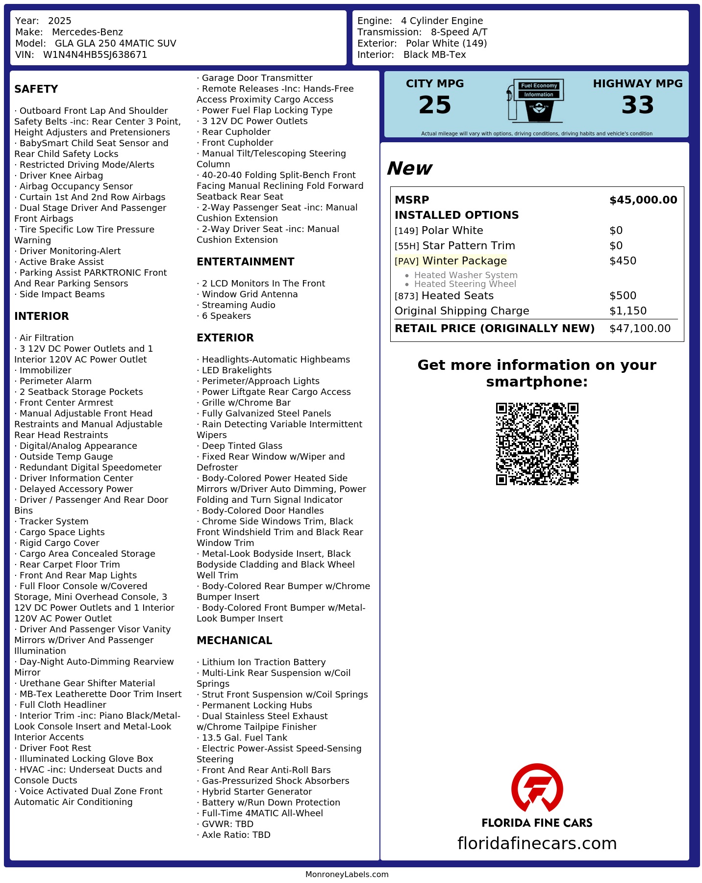 Original window sticker for 2025 MERCEDES-BENZ GLA GLA 250