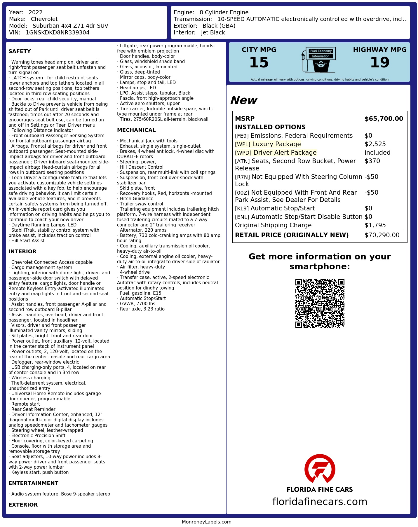 Original window sticker for 2022 CHEVROLET SUBURBAN Z71