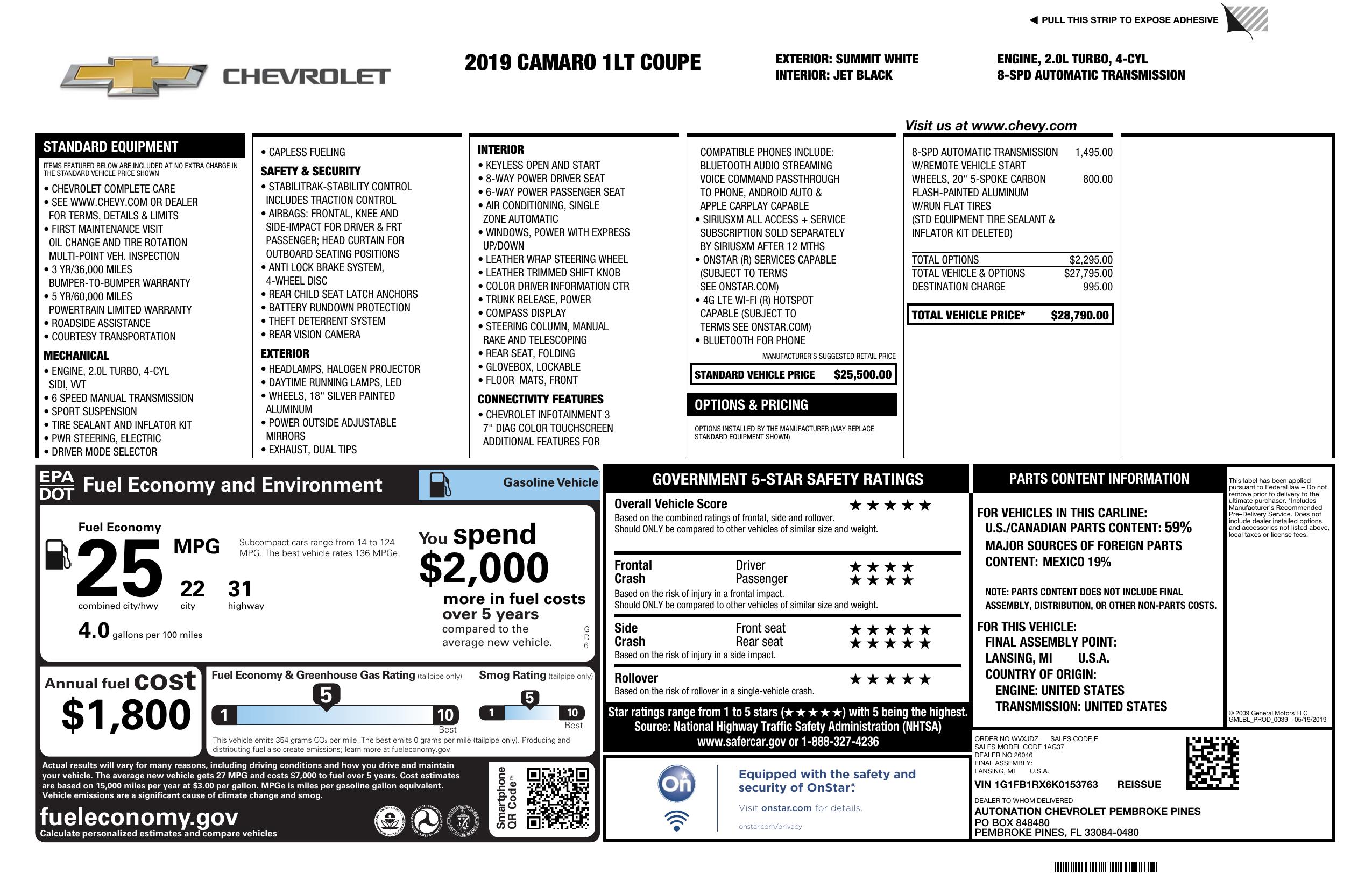 Original window sticker for 2019 CHEVROLET CAMARO 1LT