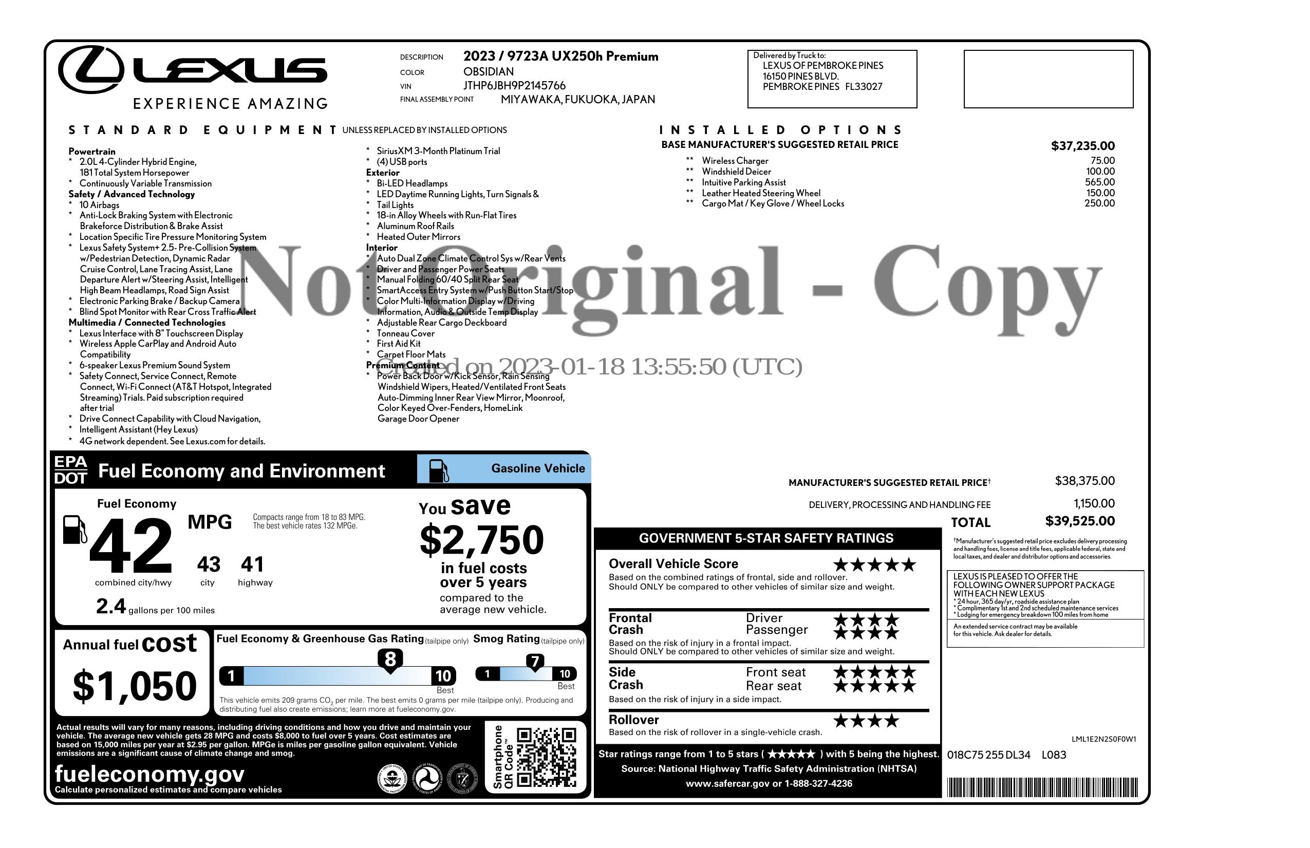Original window sticker for 2023 LEXUS UX UX 250H PREMIUM