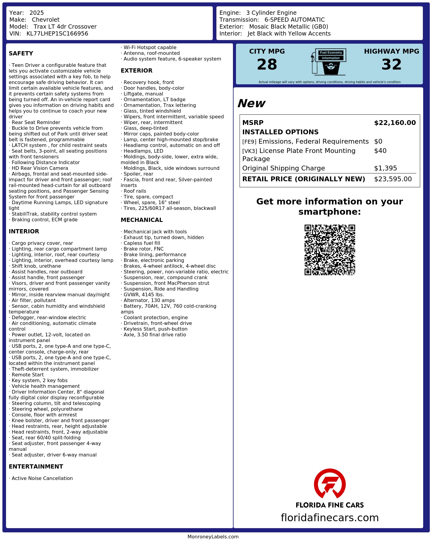 Original window sticker for 2025 CHEVROLET TRAX LT
