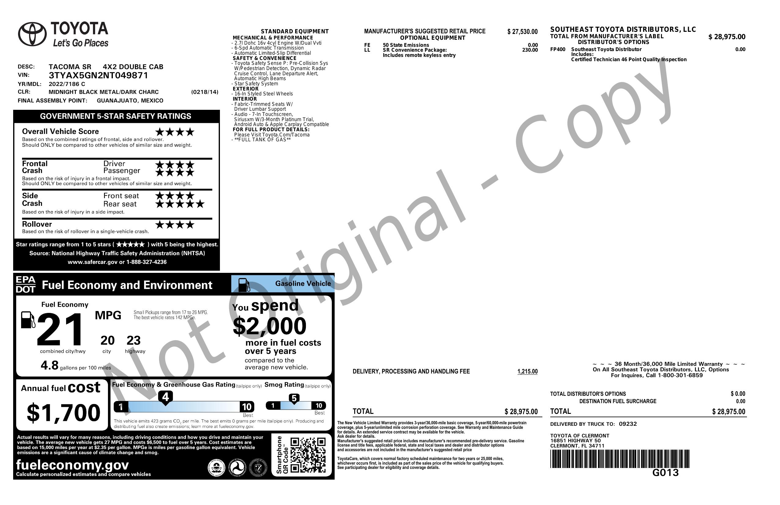 Original window sticker for 2022 TOYOTA TACOMA 2WD SR