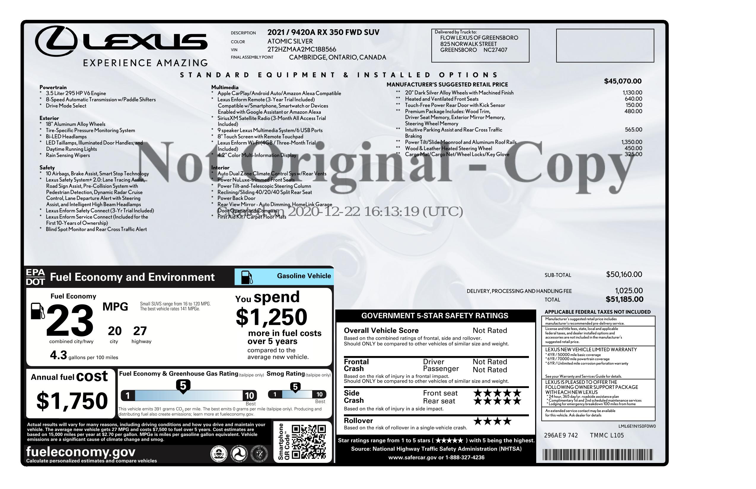 Original window sticker for 2021 LEXUS RX RX 350