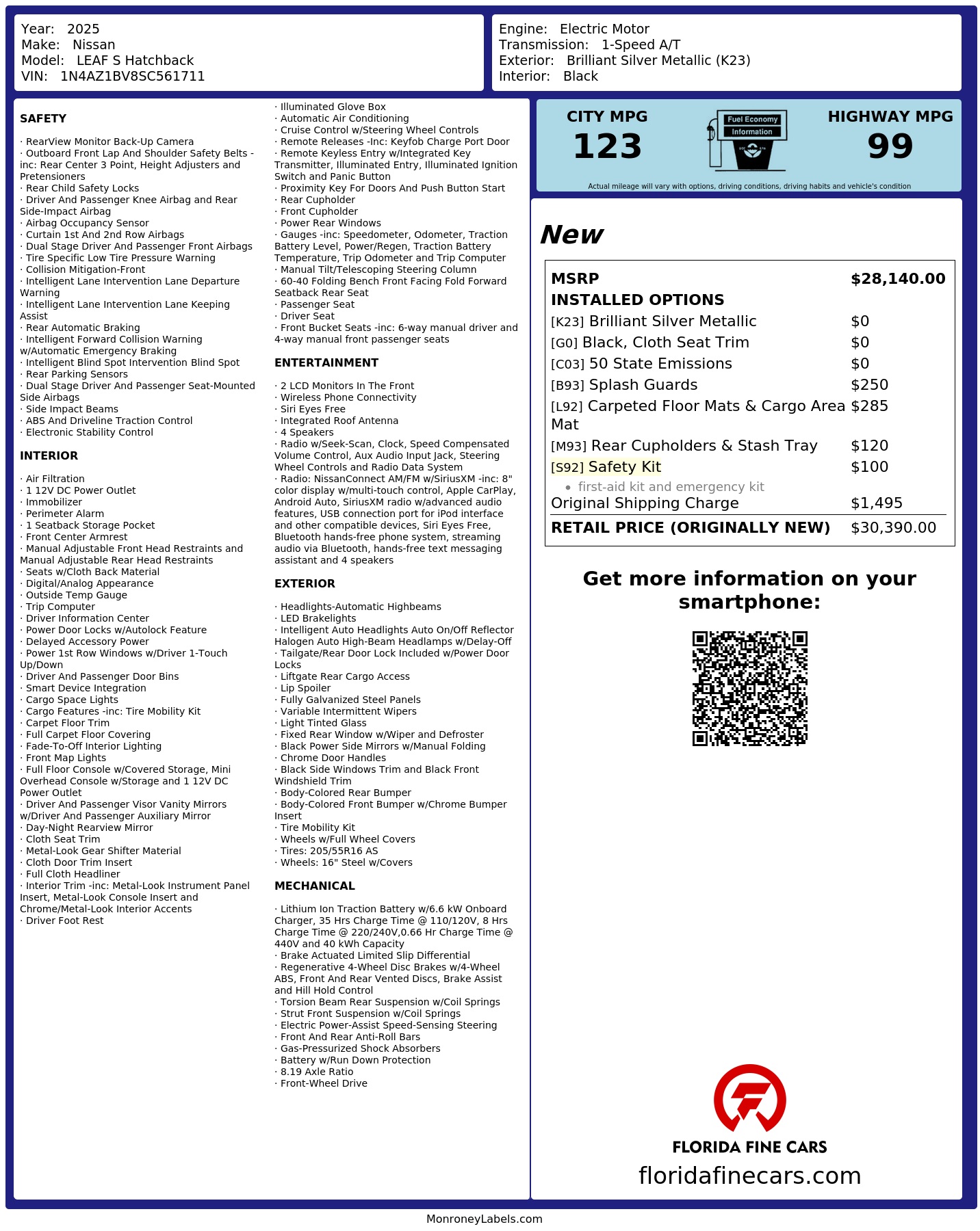 Original window sticker for 2025 NISSAN LEAF S