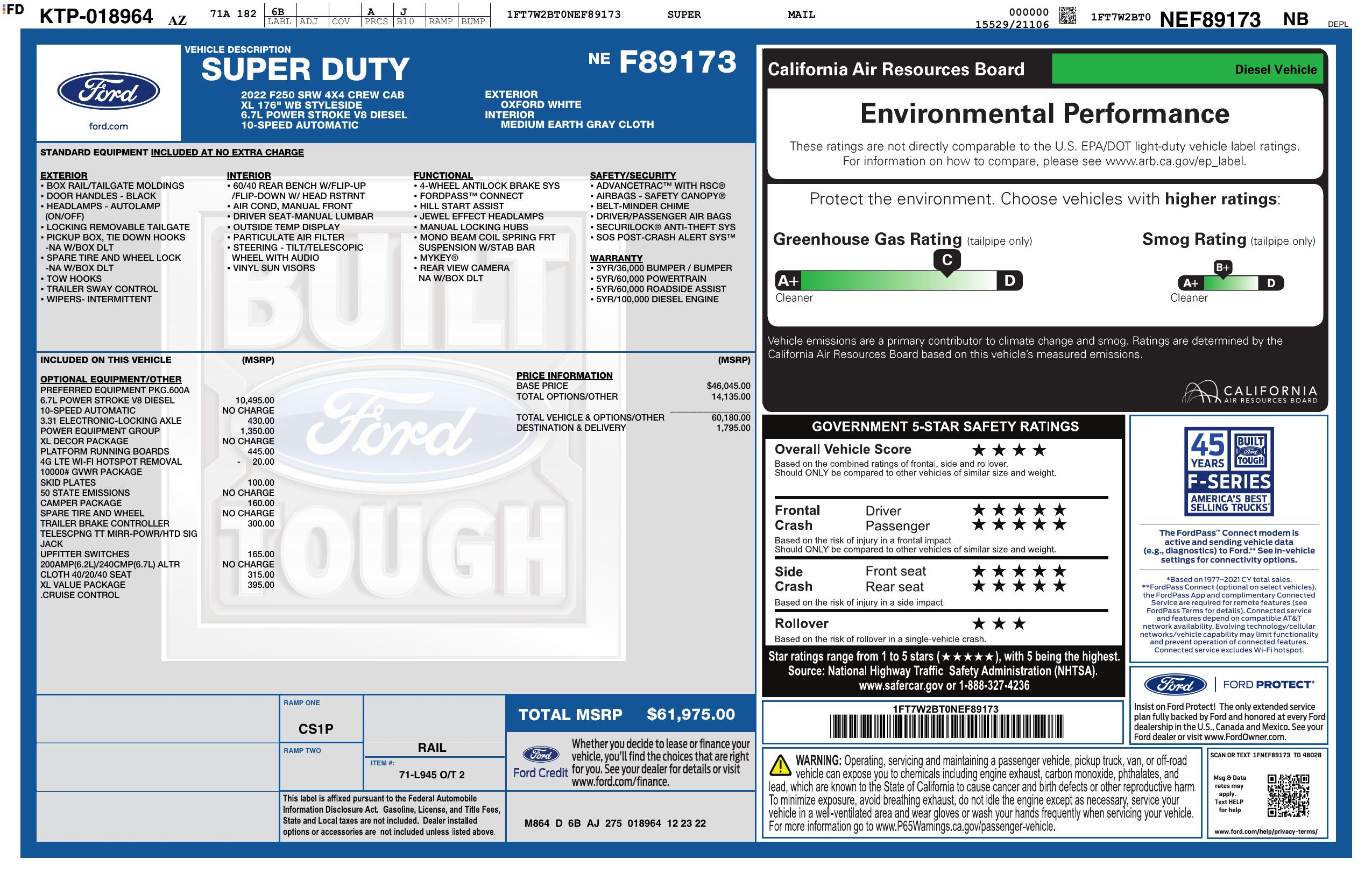 Original window sticker for 2022 FORD SUPER DUTY F-250 SRW XL