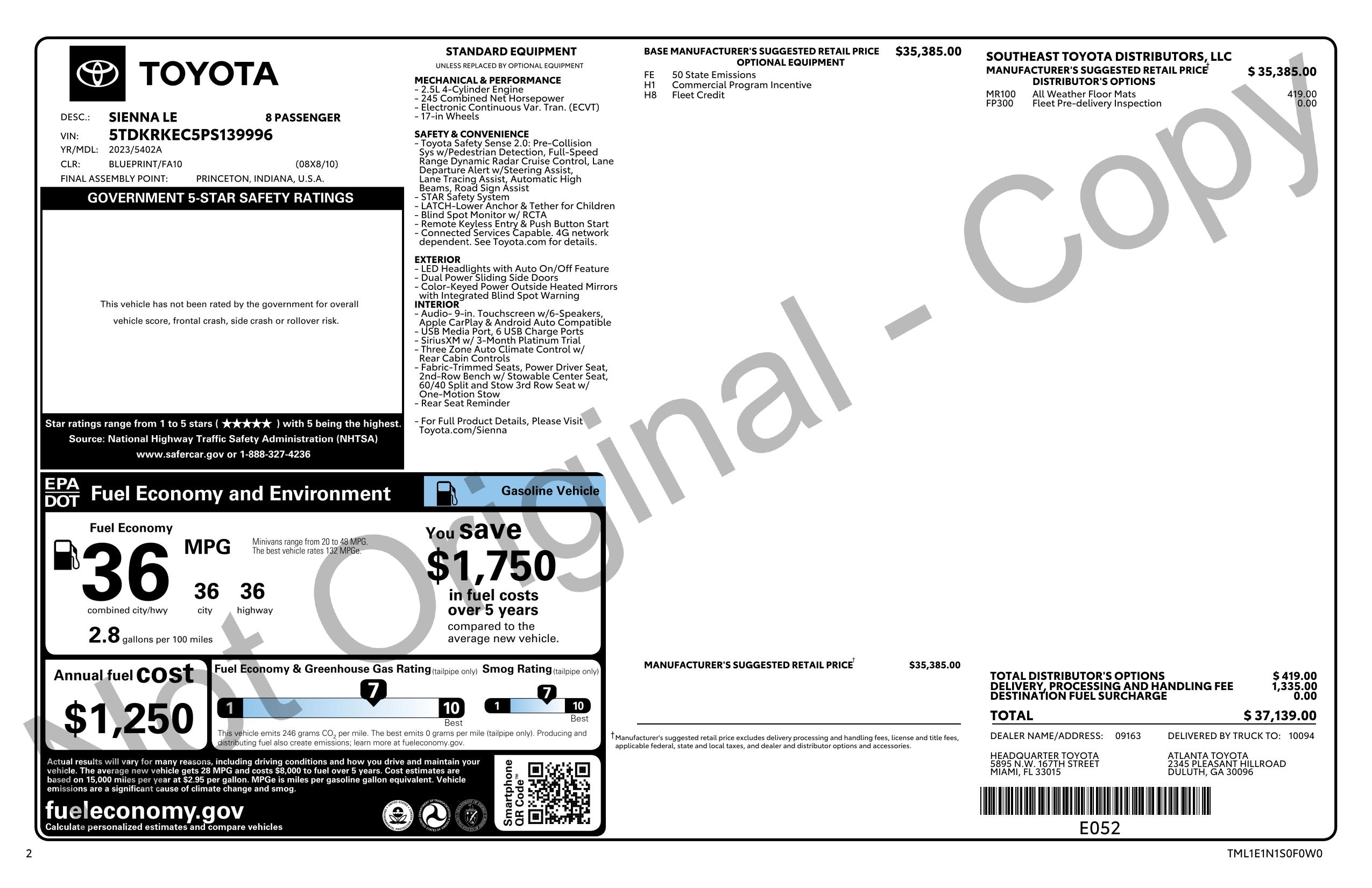 Original window sticker for 2023 TOYOTA SIENNA LE