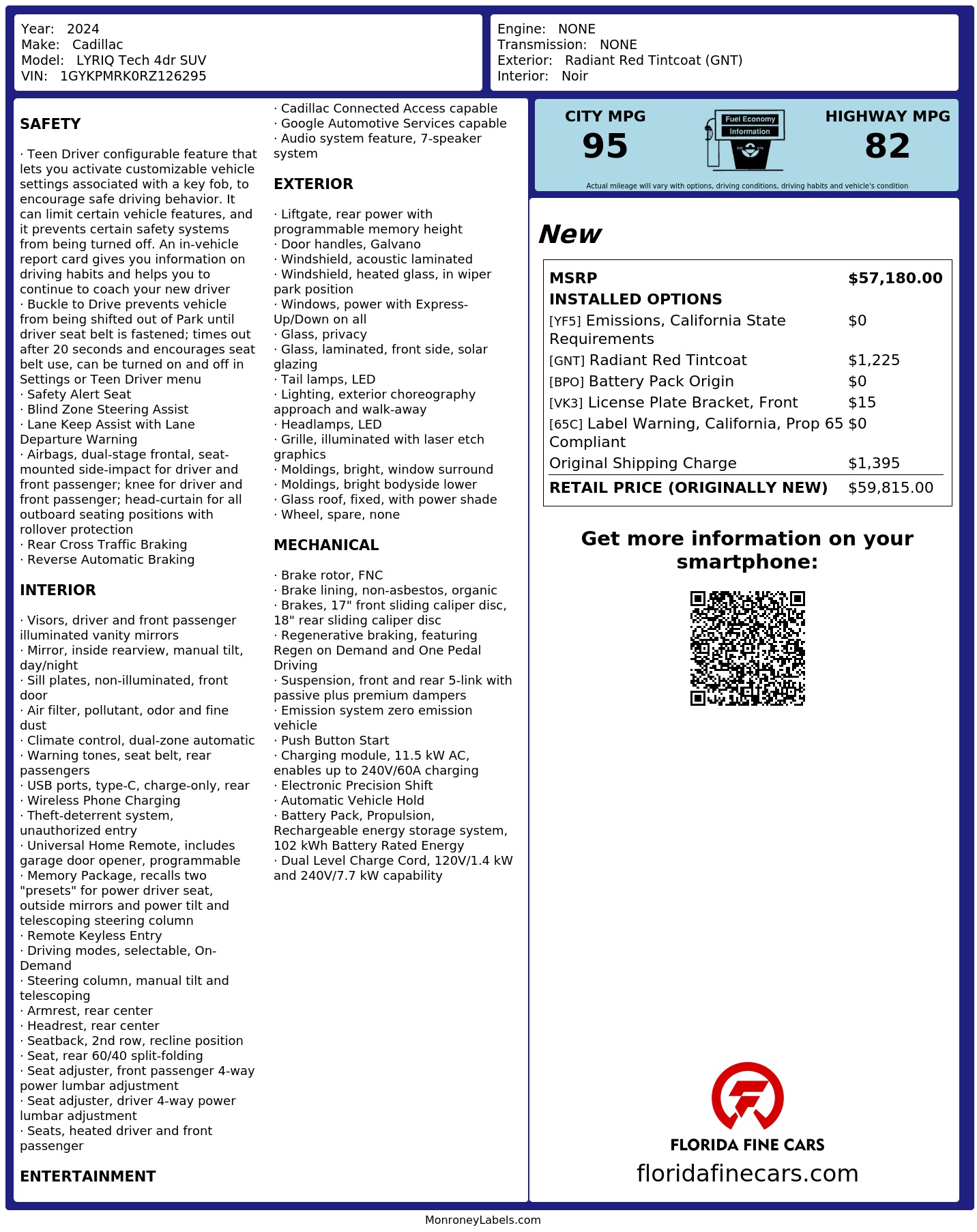 Original window sticker for 2024 CADILLAC LYRIQ TECH