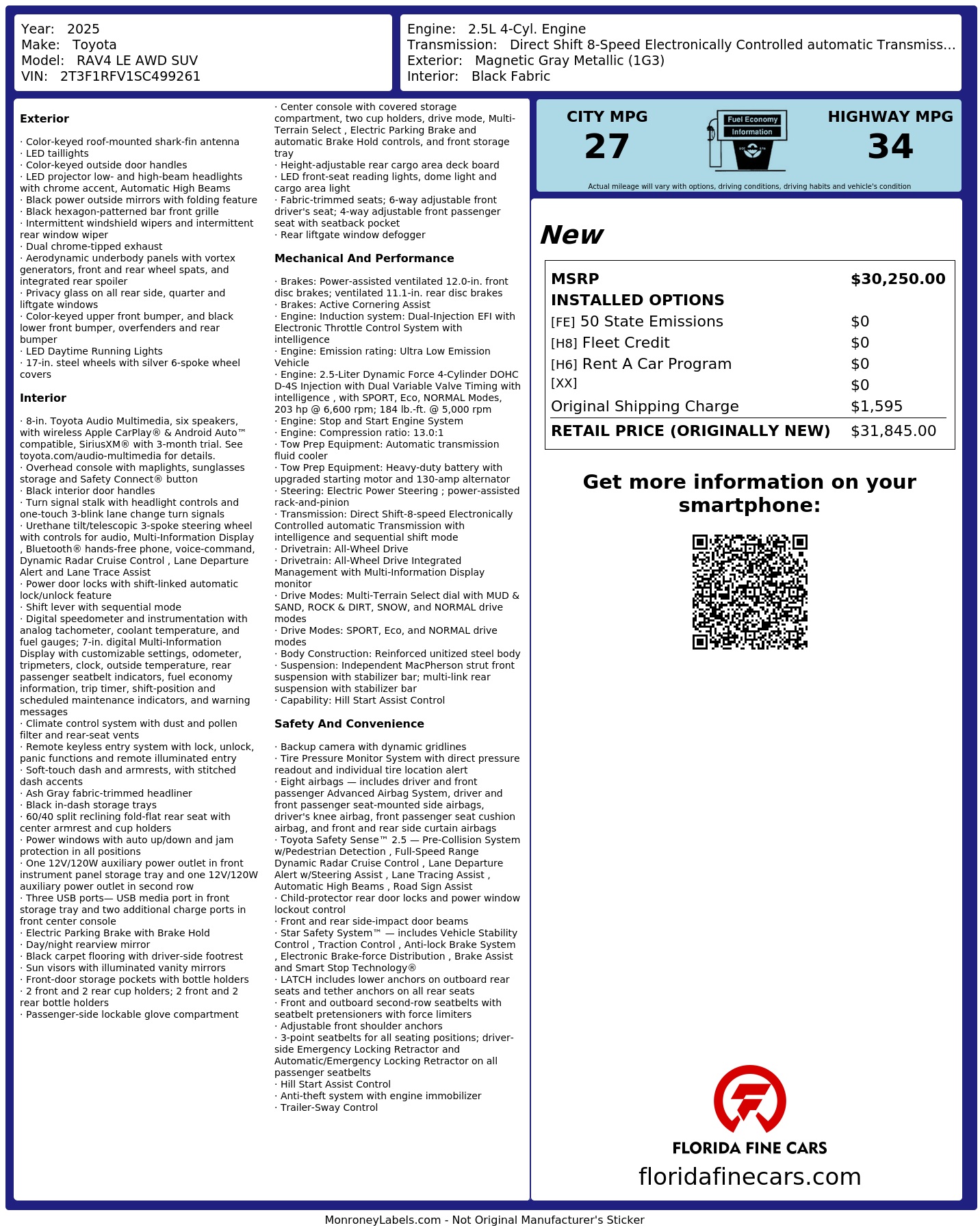 Original window sticker for 2025 TOYOTA RAV4 LE