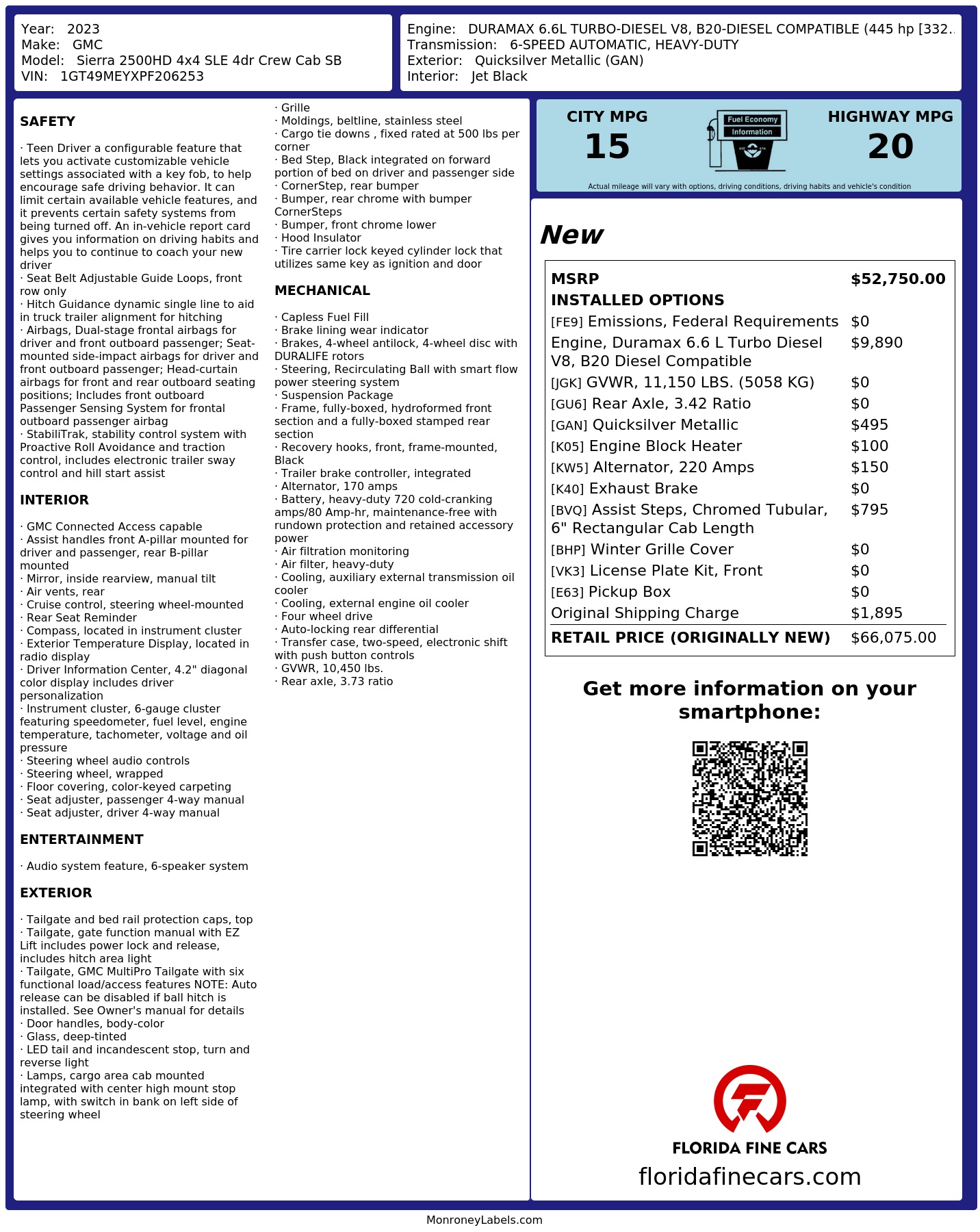 Original window sticker for 2023 GMC SIERRA 2500HD SLE