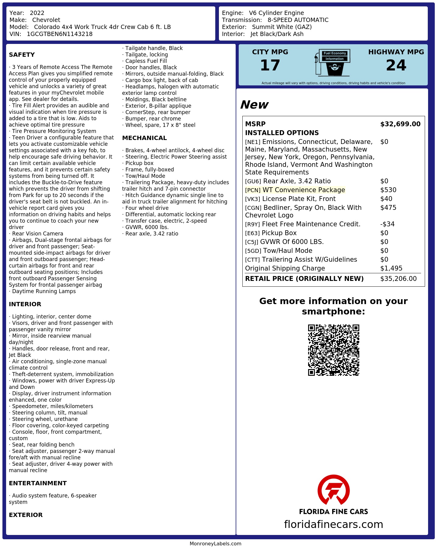 Original window sticker for 2022 CHEVROLET COLORADO 4WD WORK TRUCK