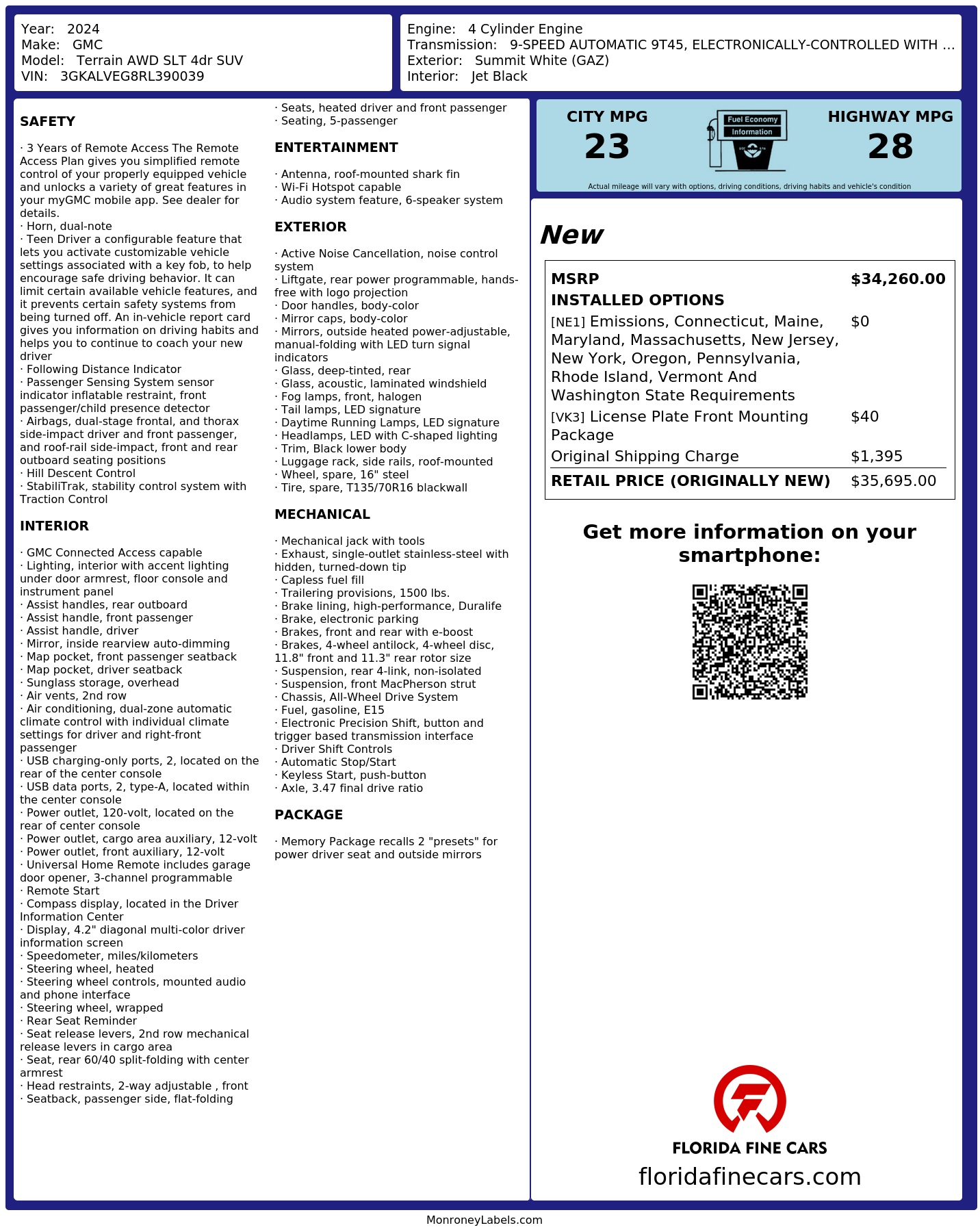 Original window sticker for 2024 GMC TERRAIN SLT