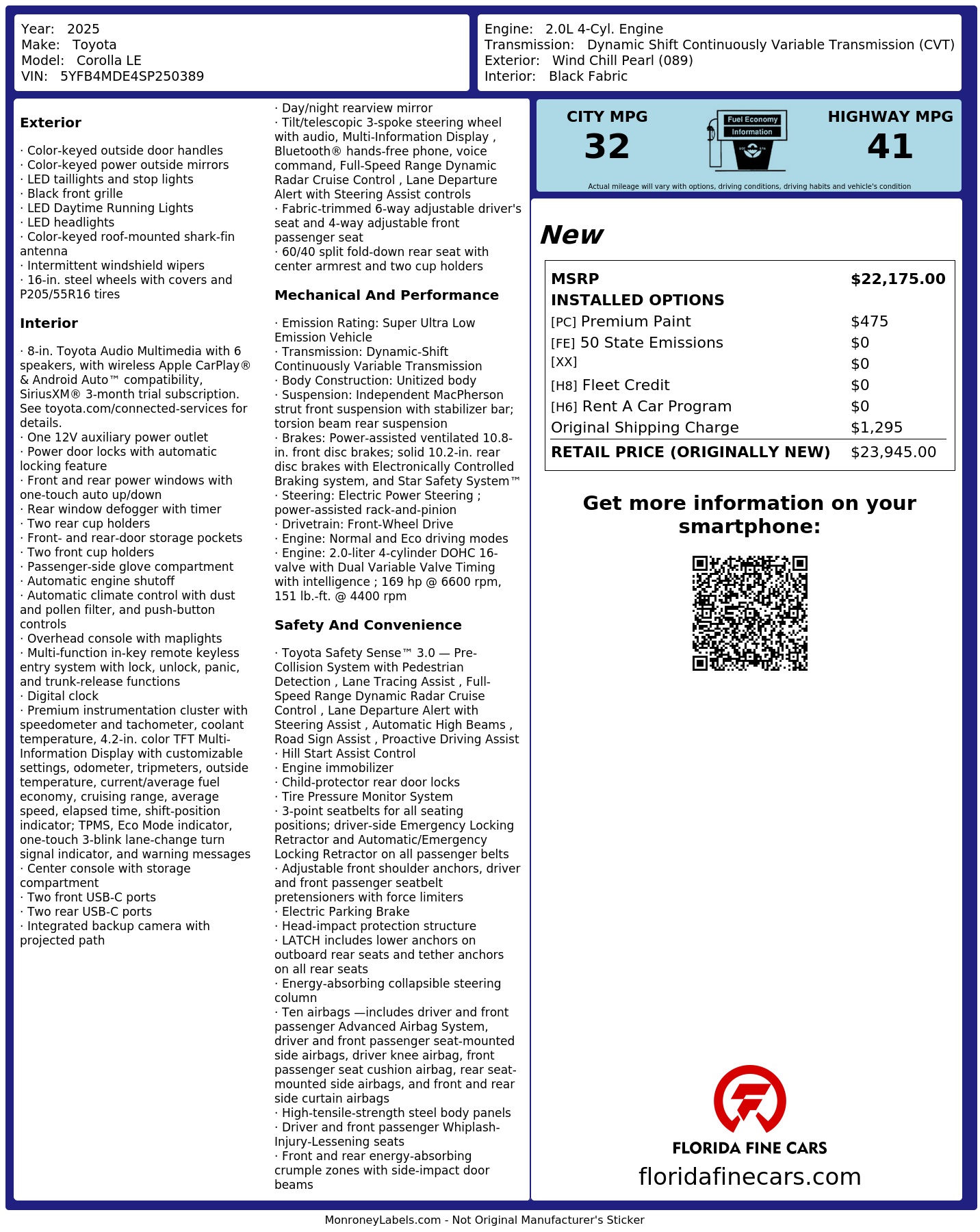 Original window sticker for 2025 TOYOTA COROLLA LE