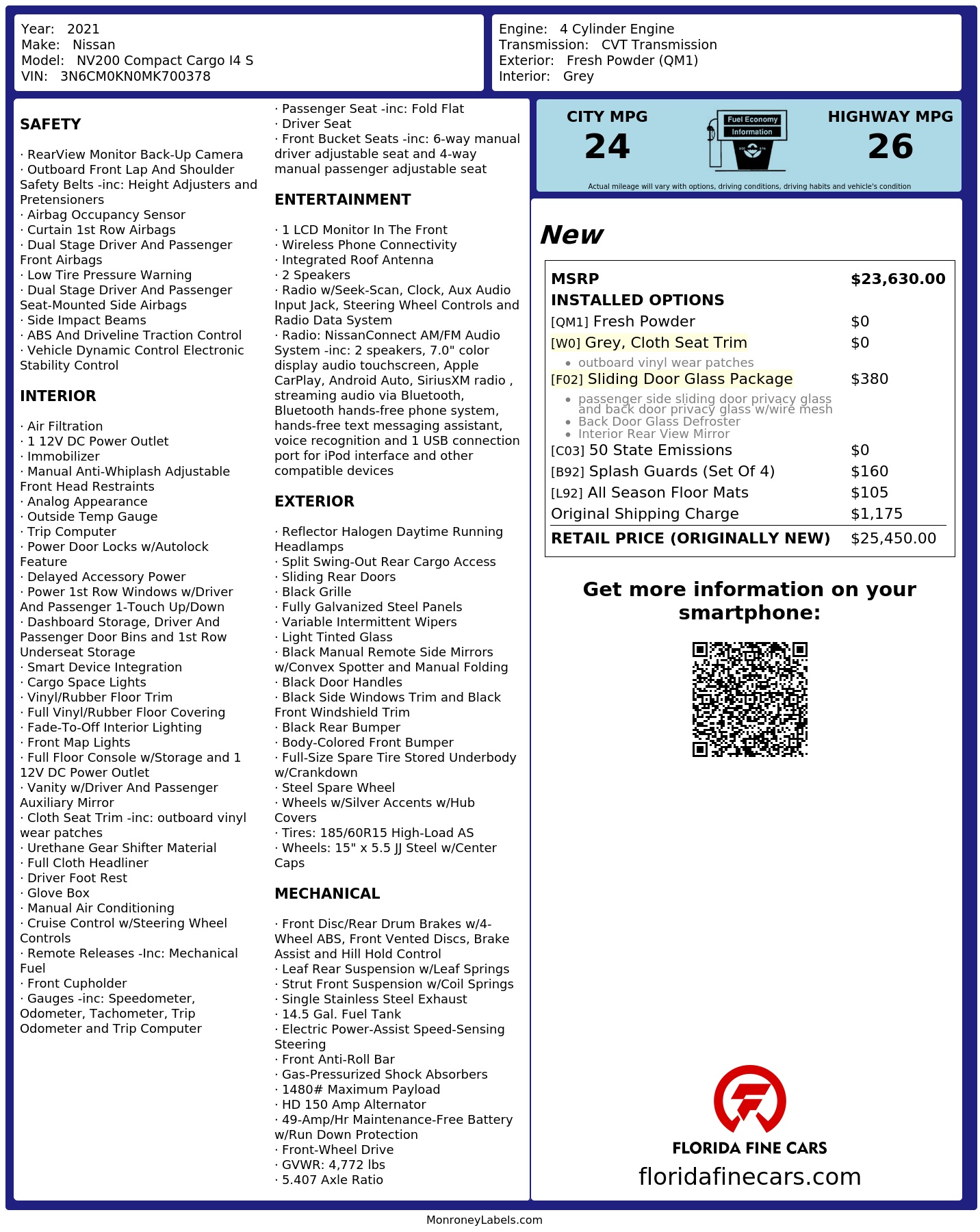 Original window sticker for 2021 NISSAN NV200 COMPACT CARGO S