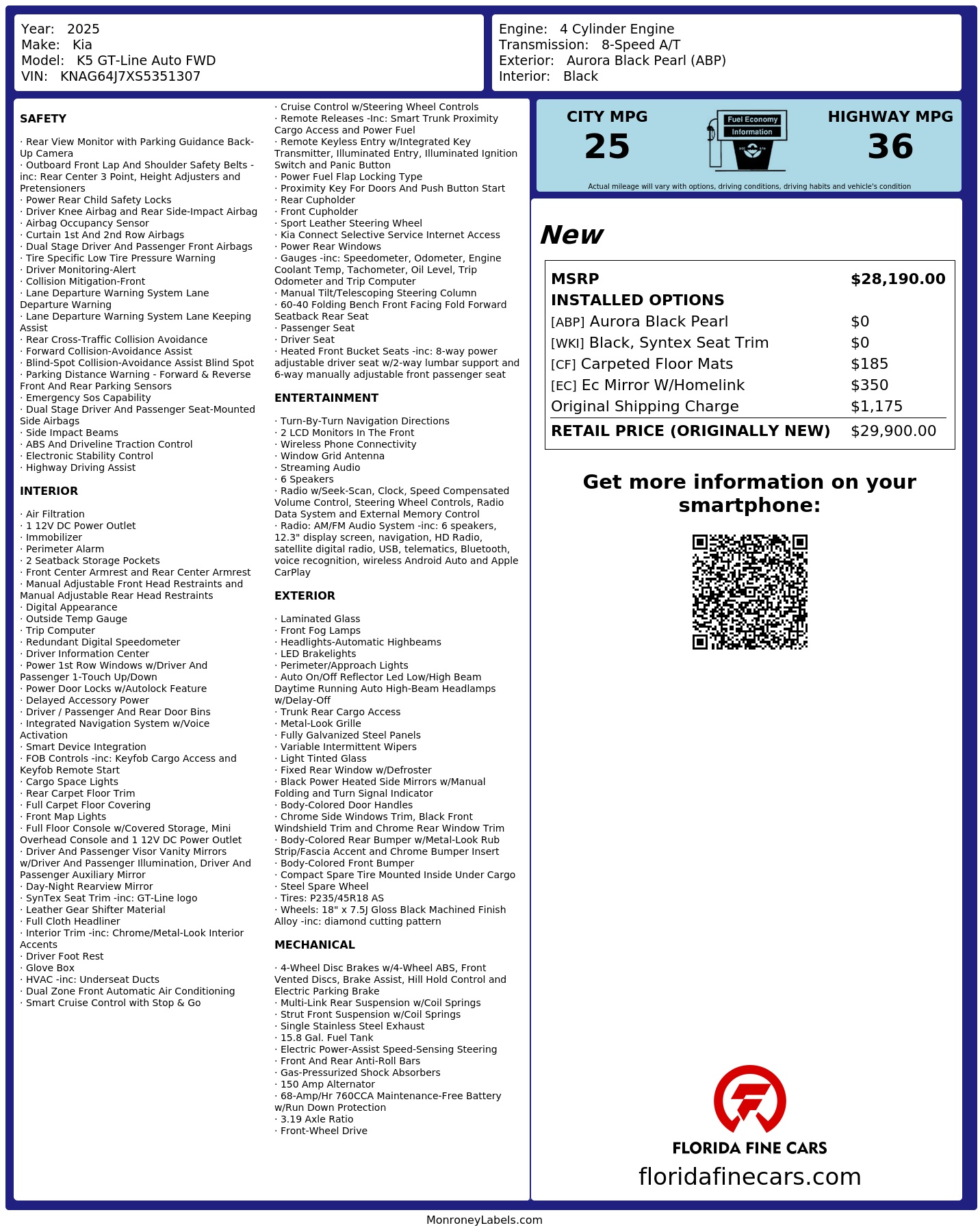 Original window sticker for 2025 KIA K5 GT-LINE
