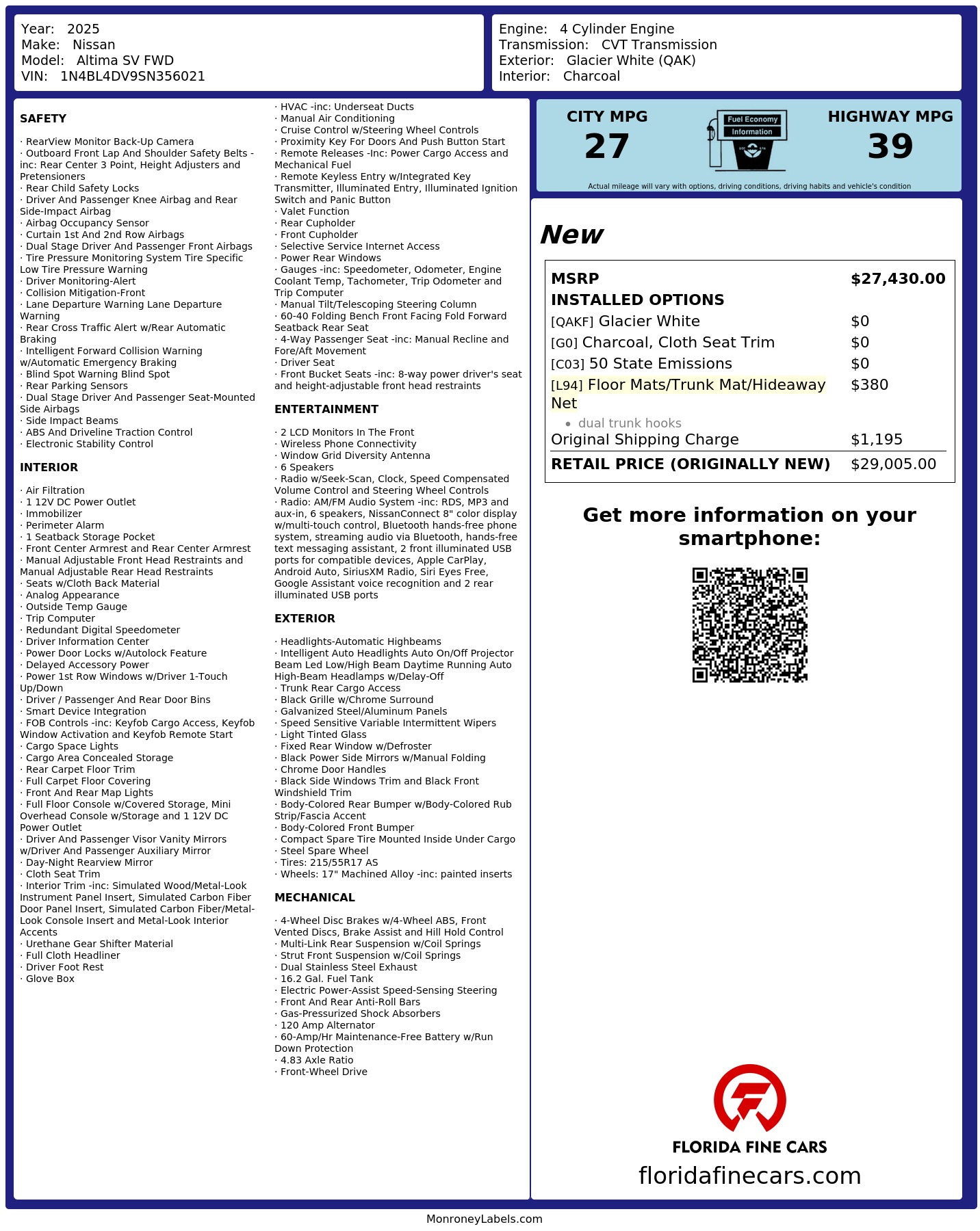 Original window sticker for 2025 NISSAN ALTIMA SV