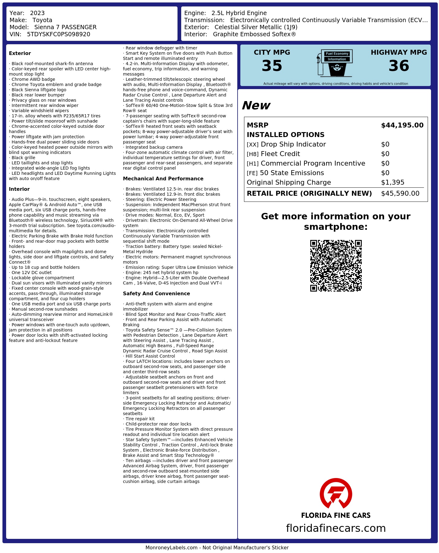 Original window sticker for 2023 TOYOTA SIENNA XLE