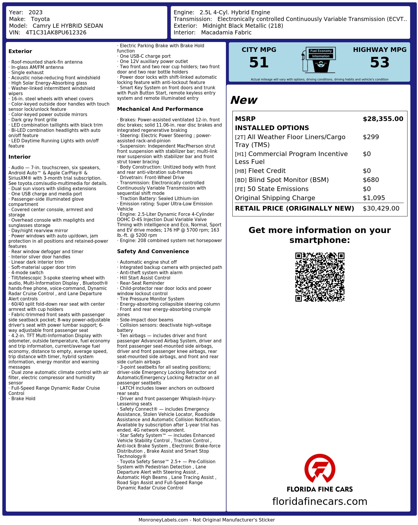 Original window sticker for 2023 TOYOTA CAMRY HYBRID LE