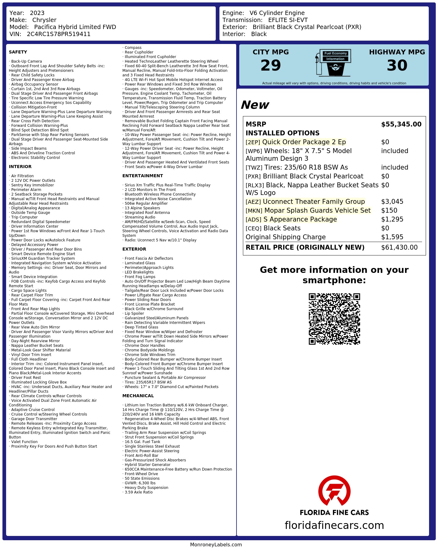 Original window sticker for 2023 CHRYSLER PACIFICA HYBRID LIMITED