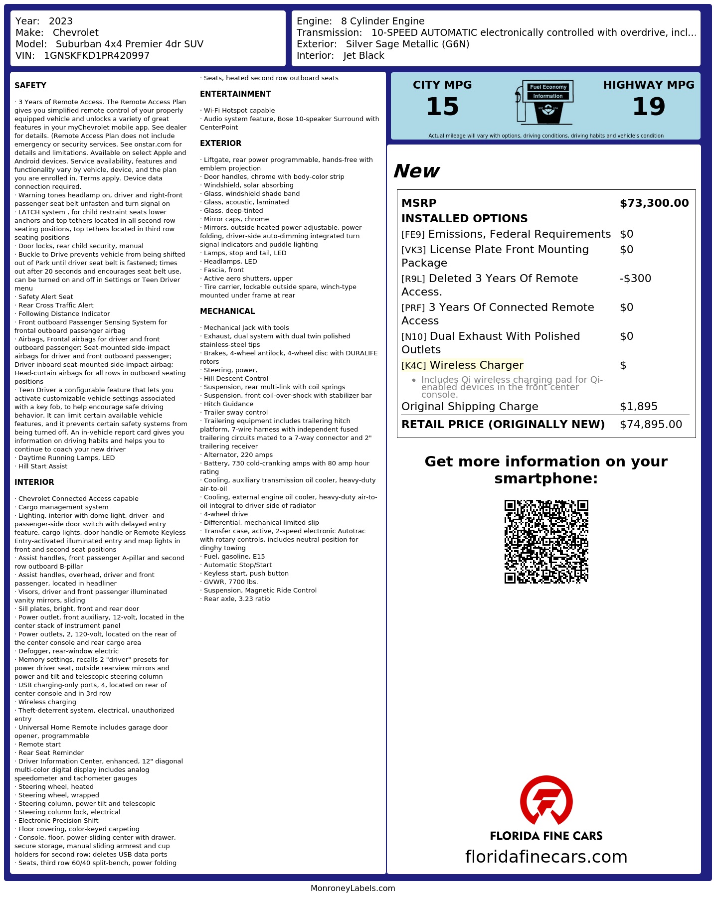 Original window sticker for 2023 CHEVROLET SUBURBAN PREMIER