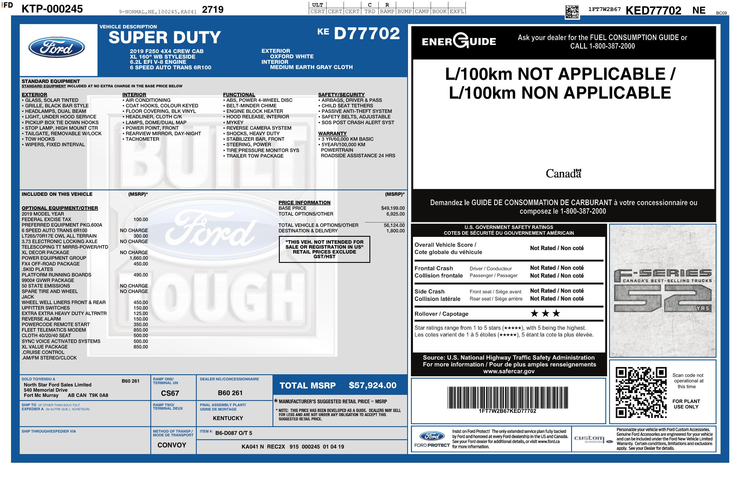 Original window sticker for 2019 FORD SUPER DUTY F-250 SRW XL