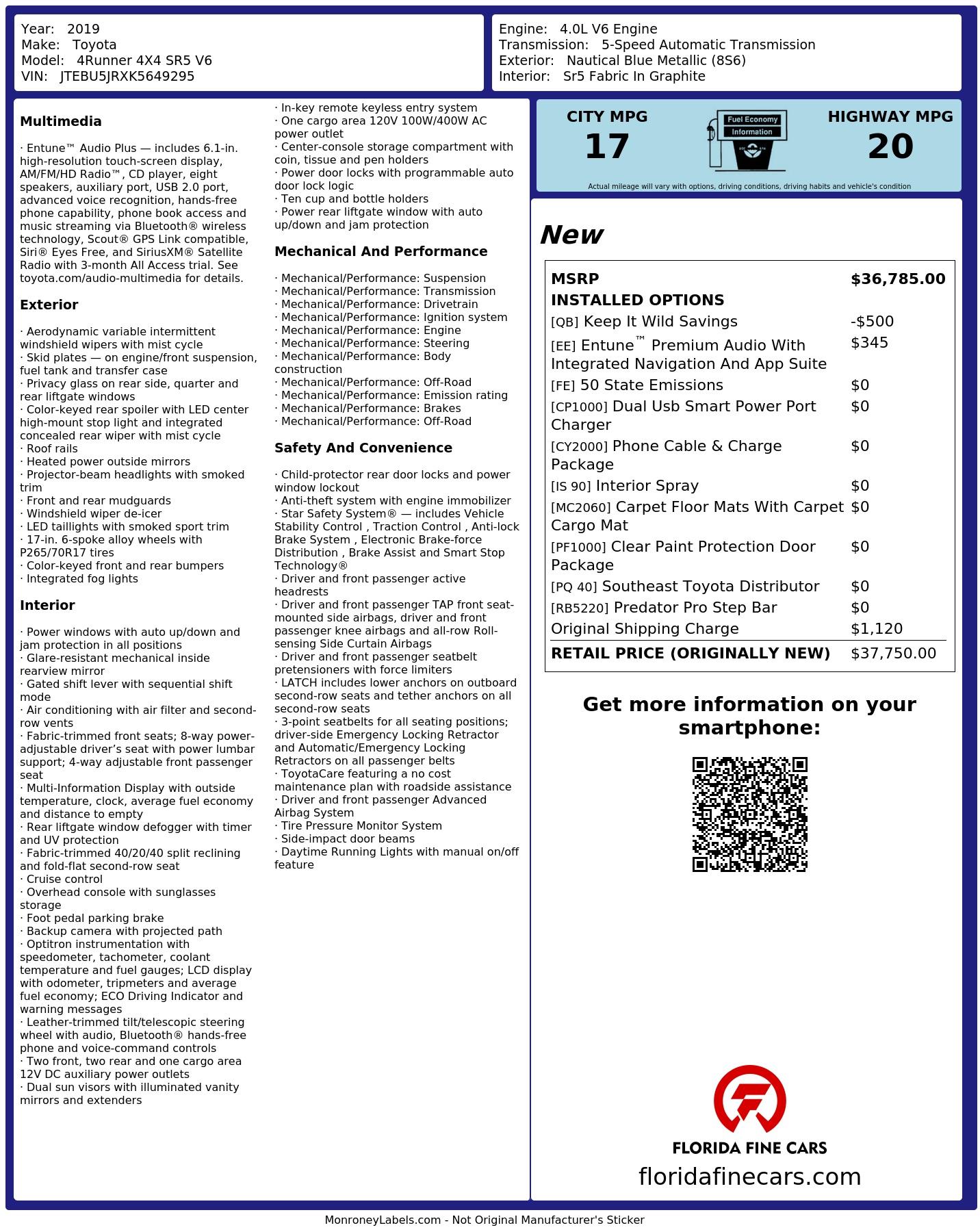 Original window sticker for 2019 TOYOTA 4RUNNER SR5