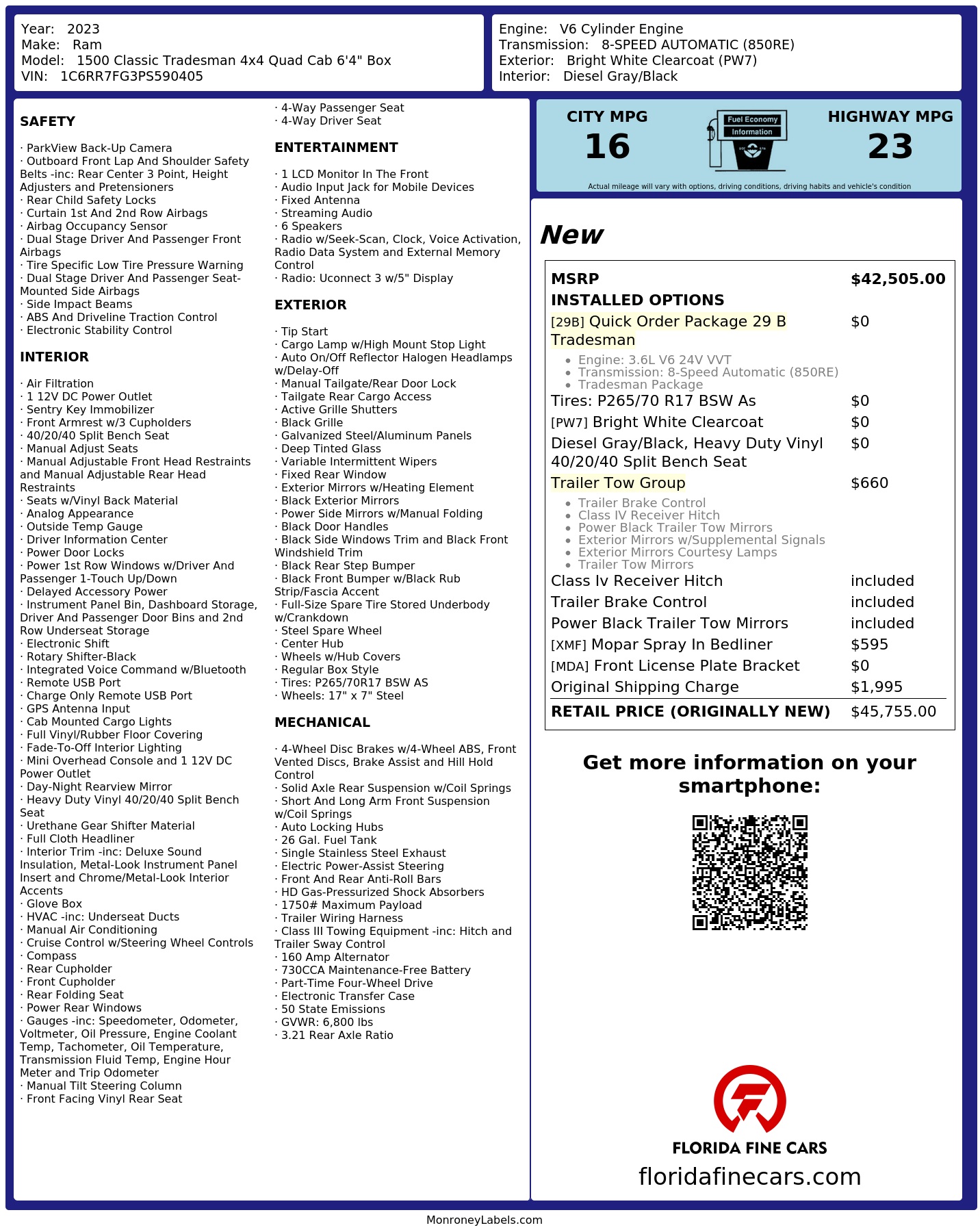 Original window sticker for 2023 RAM 1500 CLASSIC TRADESMAN