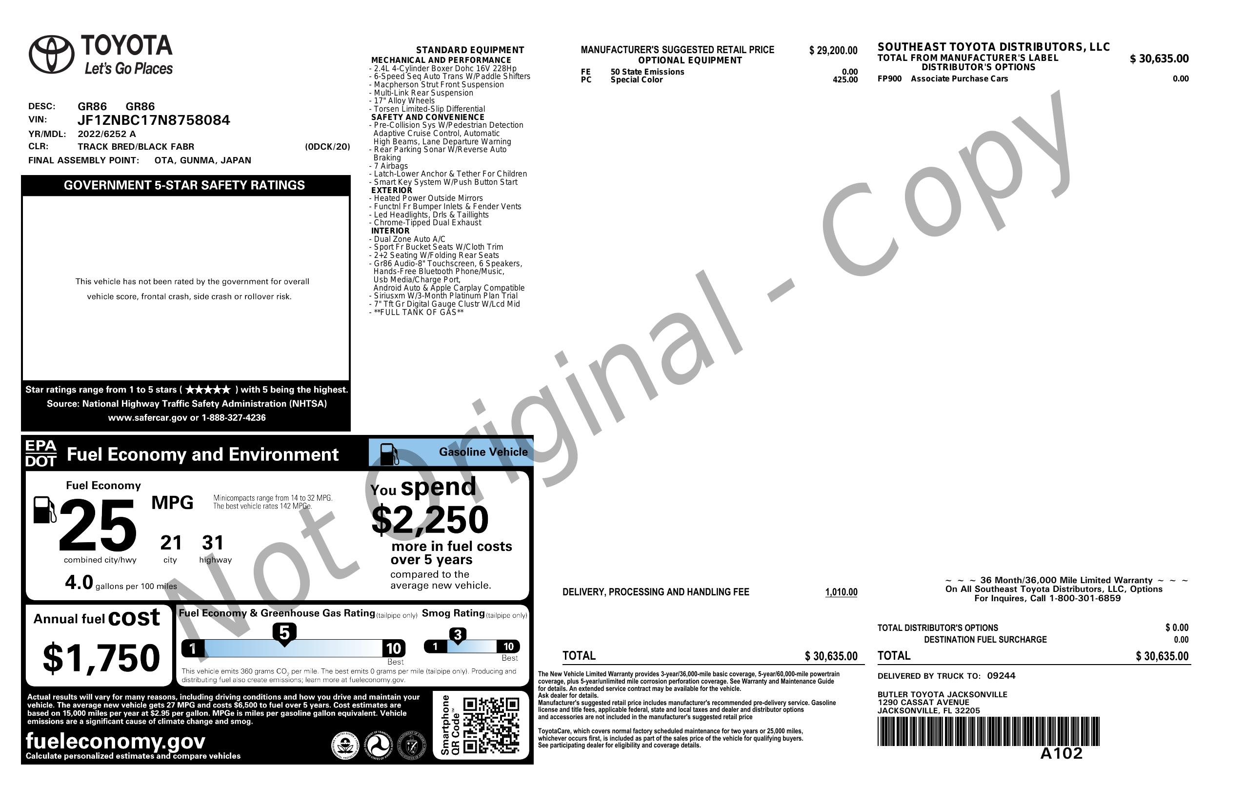 Original window sticker for 2022 TOYOTA GR86