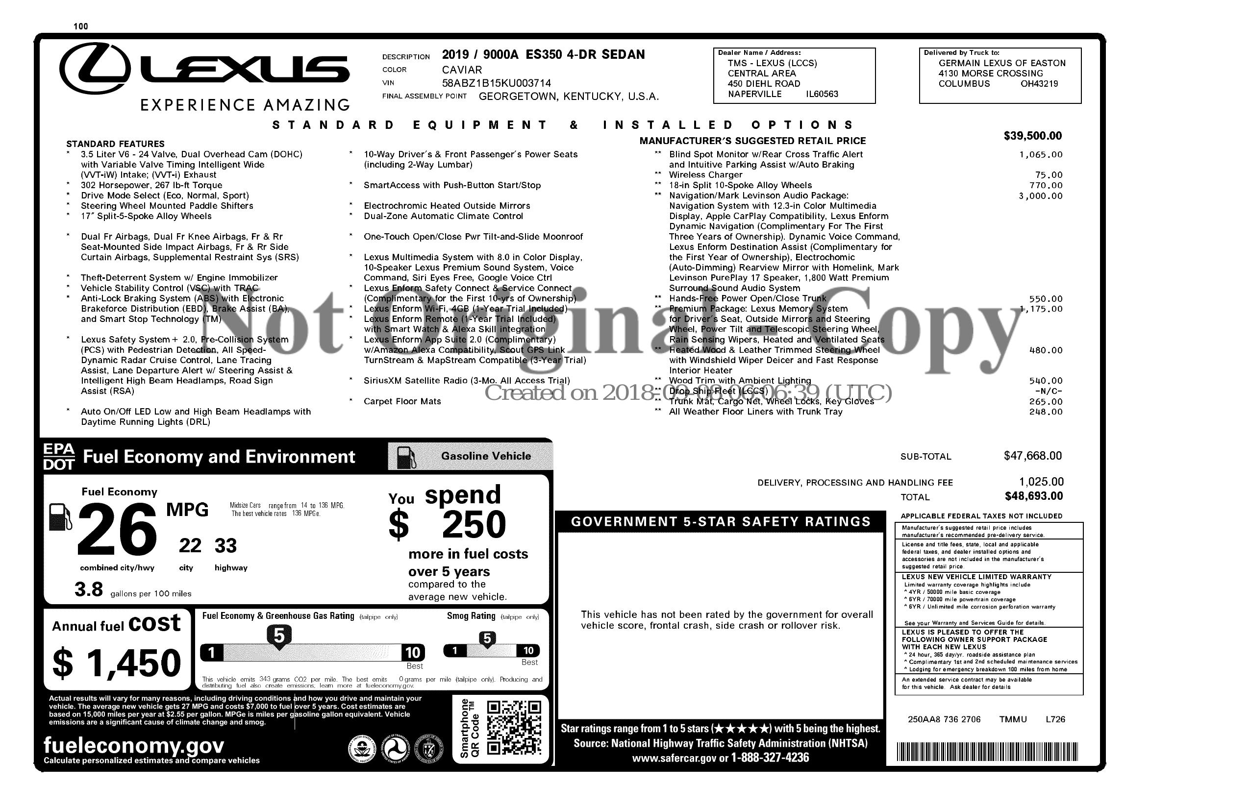 Original window sticker for 2019 LEXUS ES ES 350