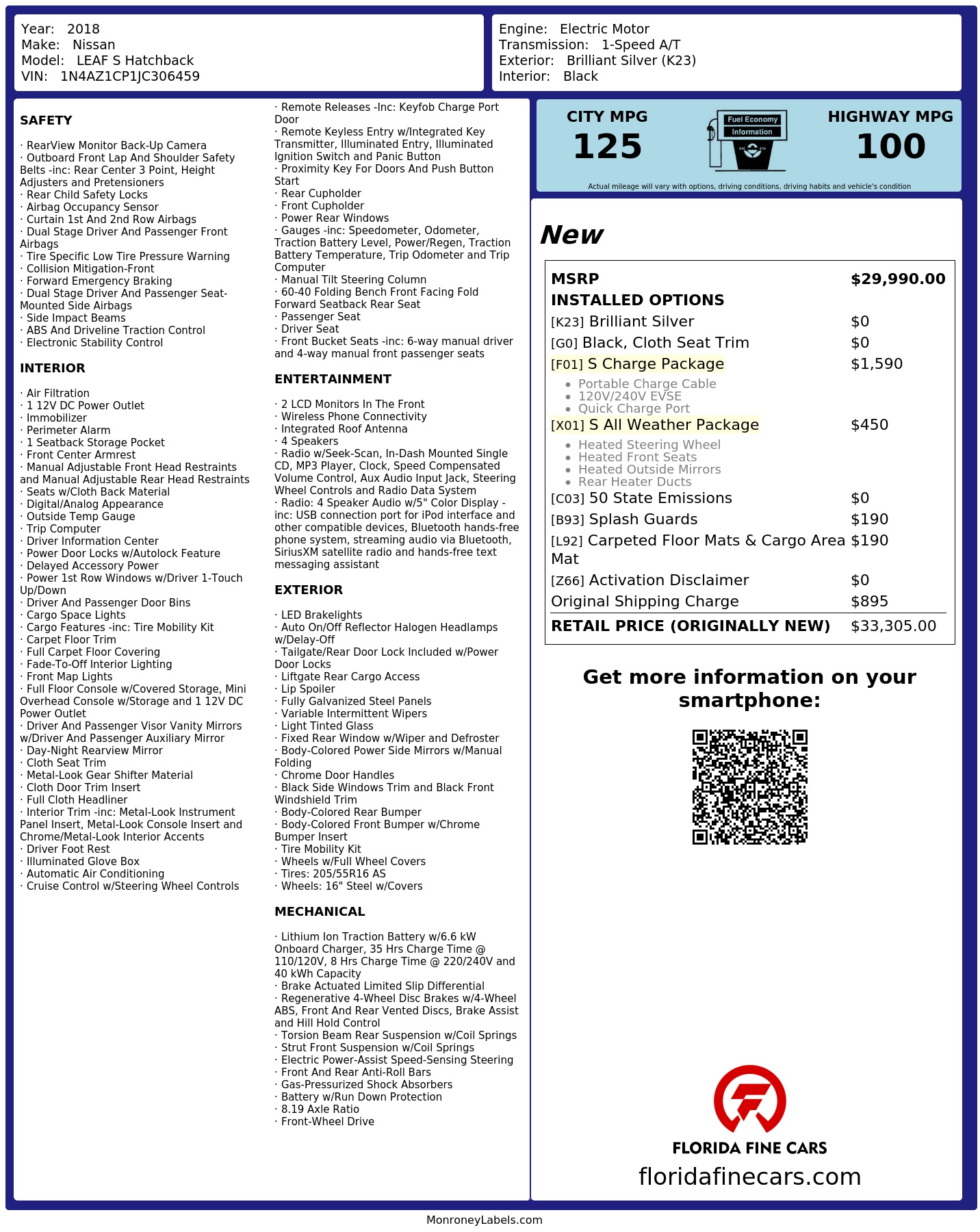 Original window sticker for 2018 NISSAN LEAF S