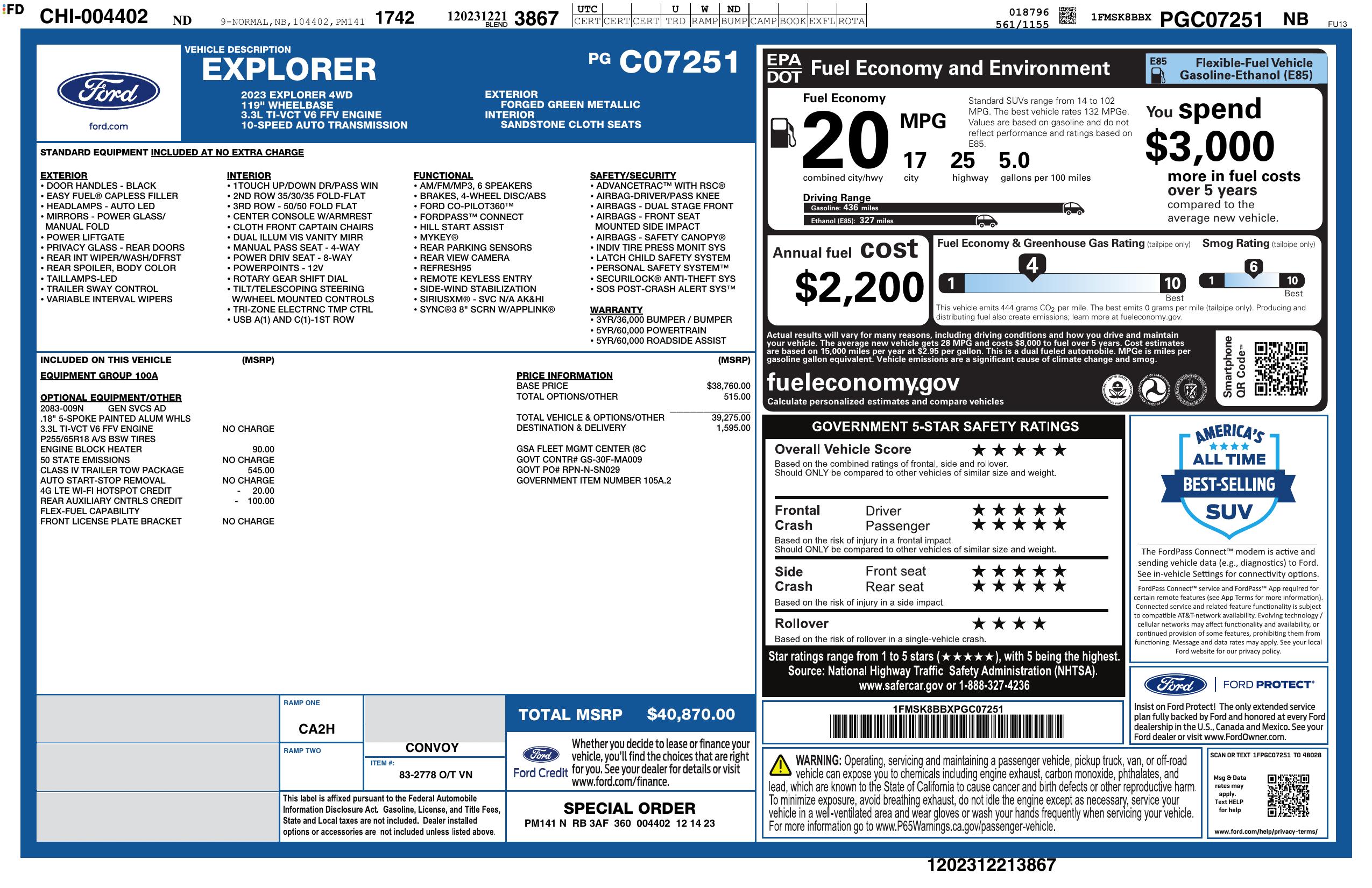 Original window sticker for 2023 FORD EXPLORER BASE