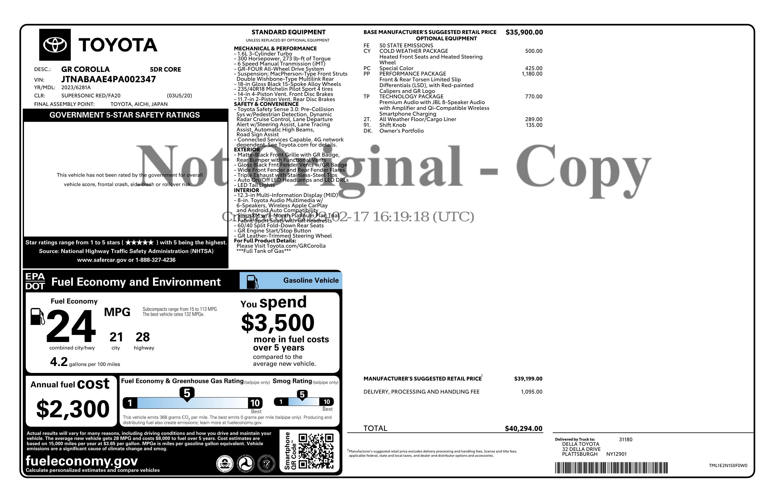 Original window sticker for 2023 TOYOTA GR COROLLA CORE