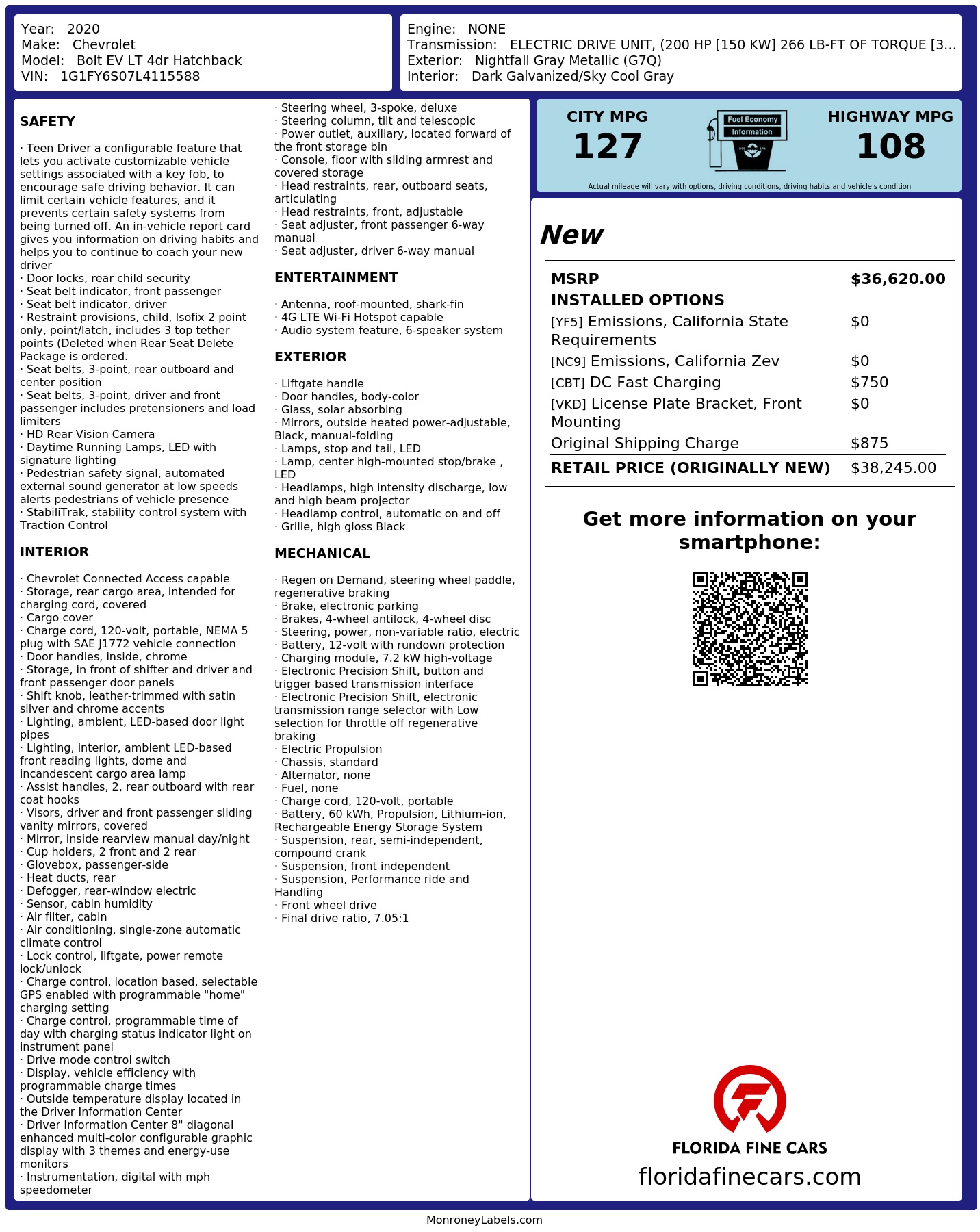 Original window sticker for 2020 CHEVROLET BOLT EV LT