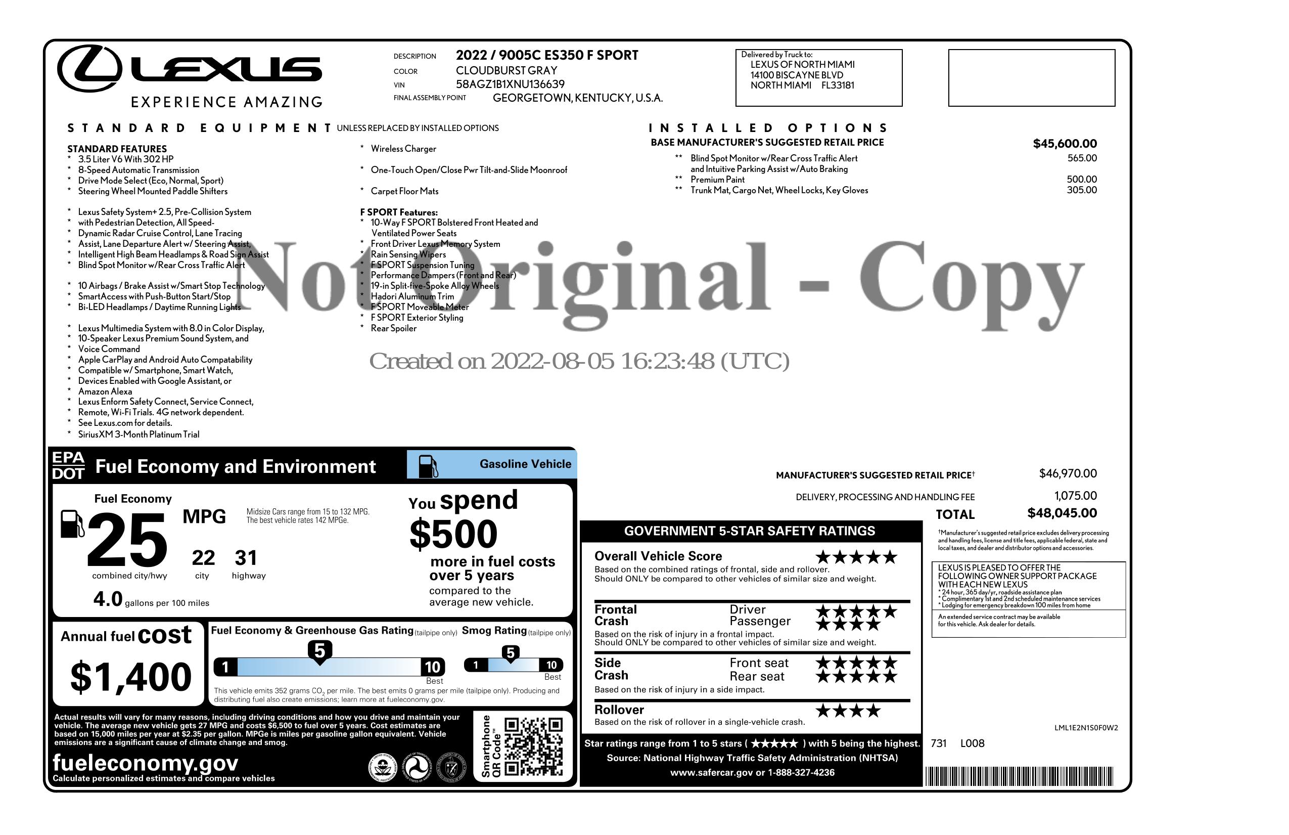 Original window sticker for 2022 LEXUS ES ES 350 F SPORT