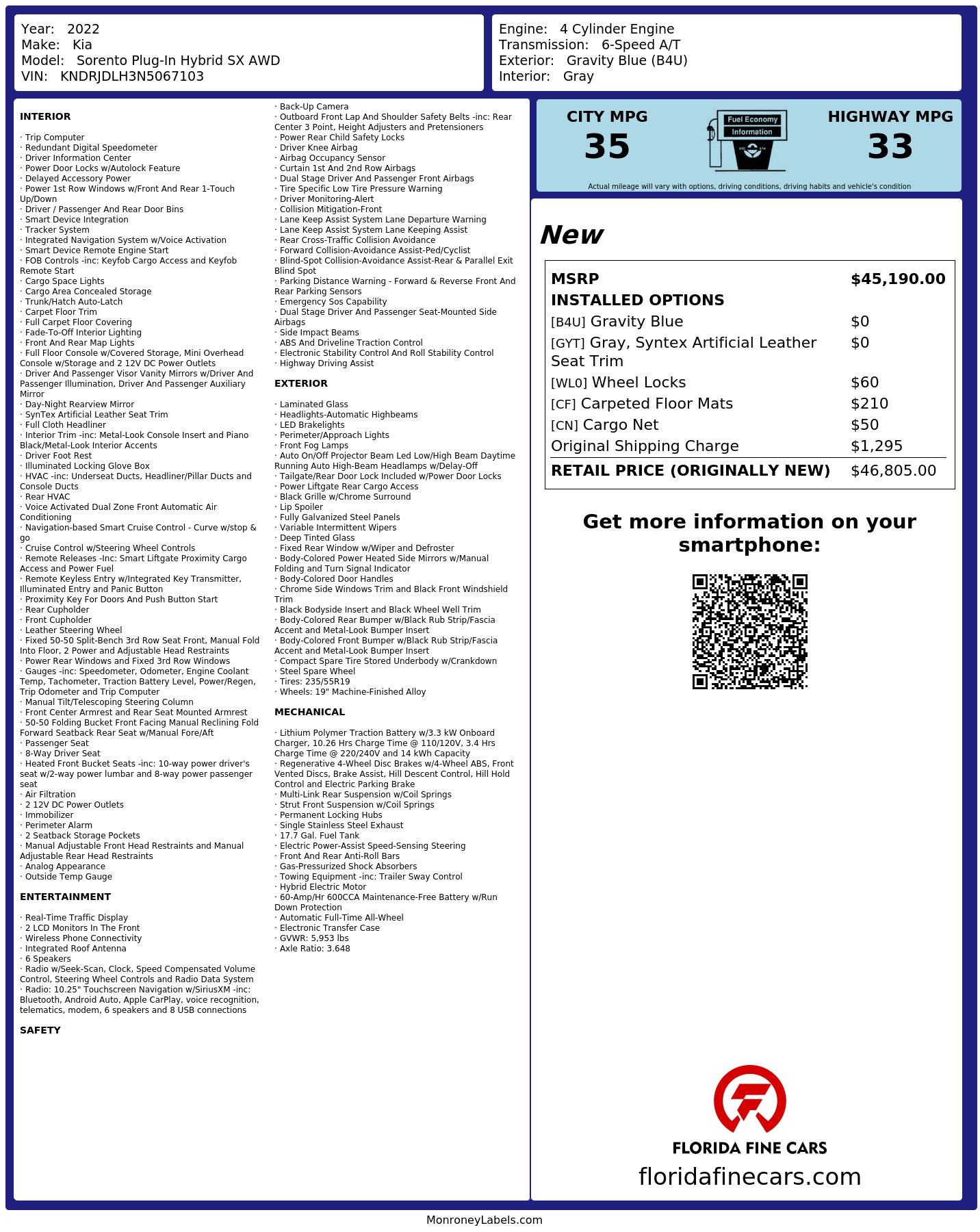 Original window sticker for 2022 KIA SORENTO PLUG-IN HYBRID SX