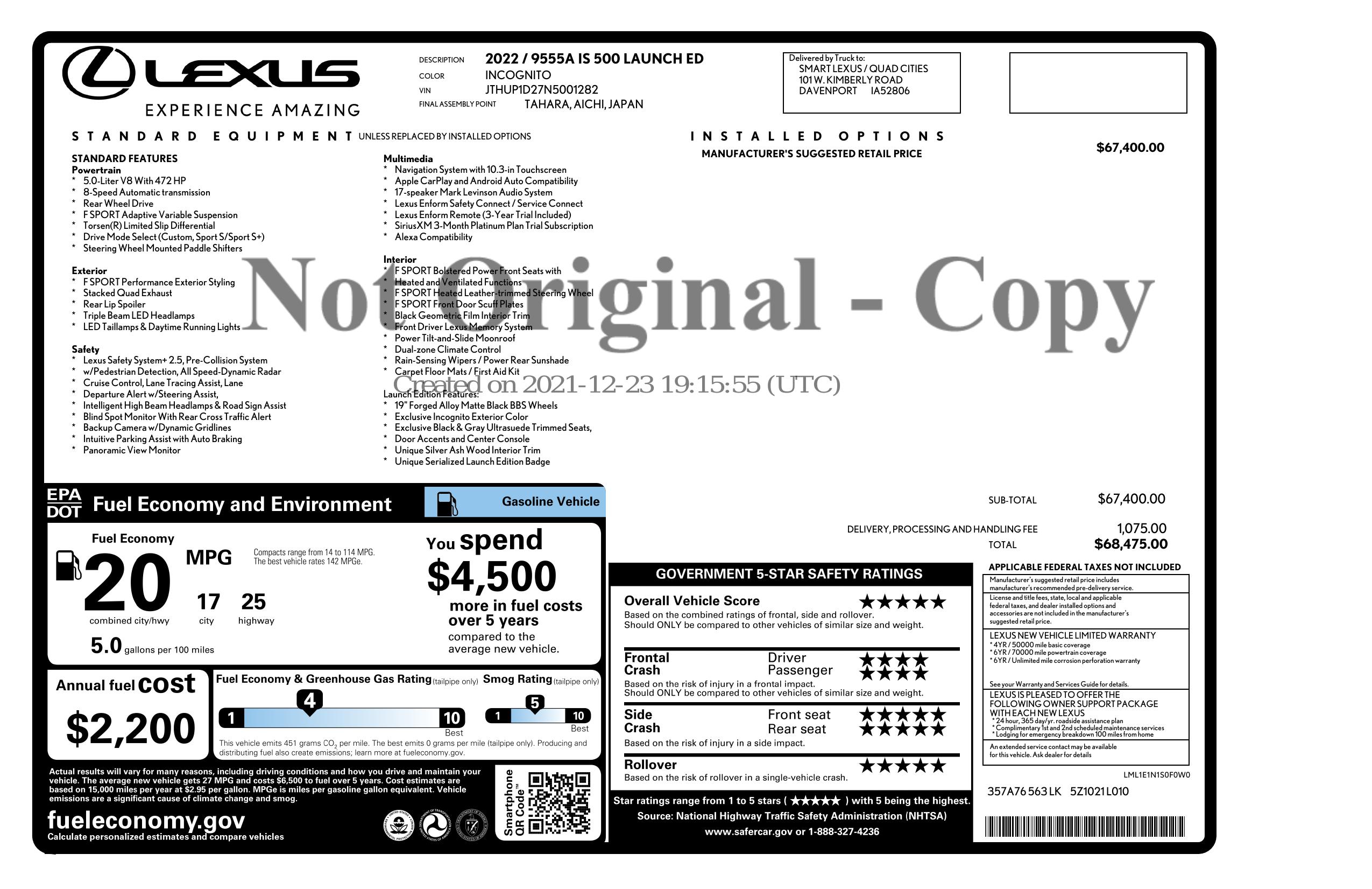 Original window sticker for 2022 LEXUS IS IS 500 F SPORT PERFORMANCE LAUNCH EDITION