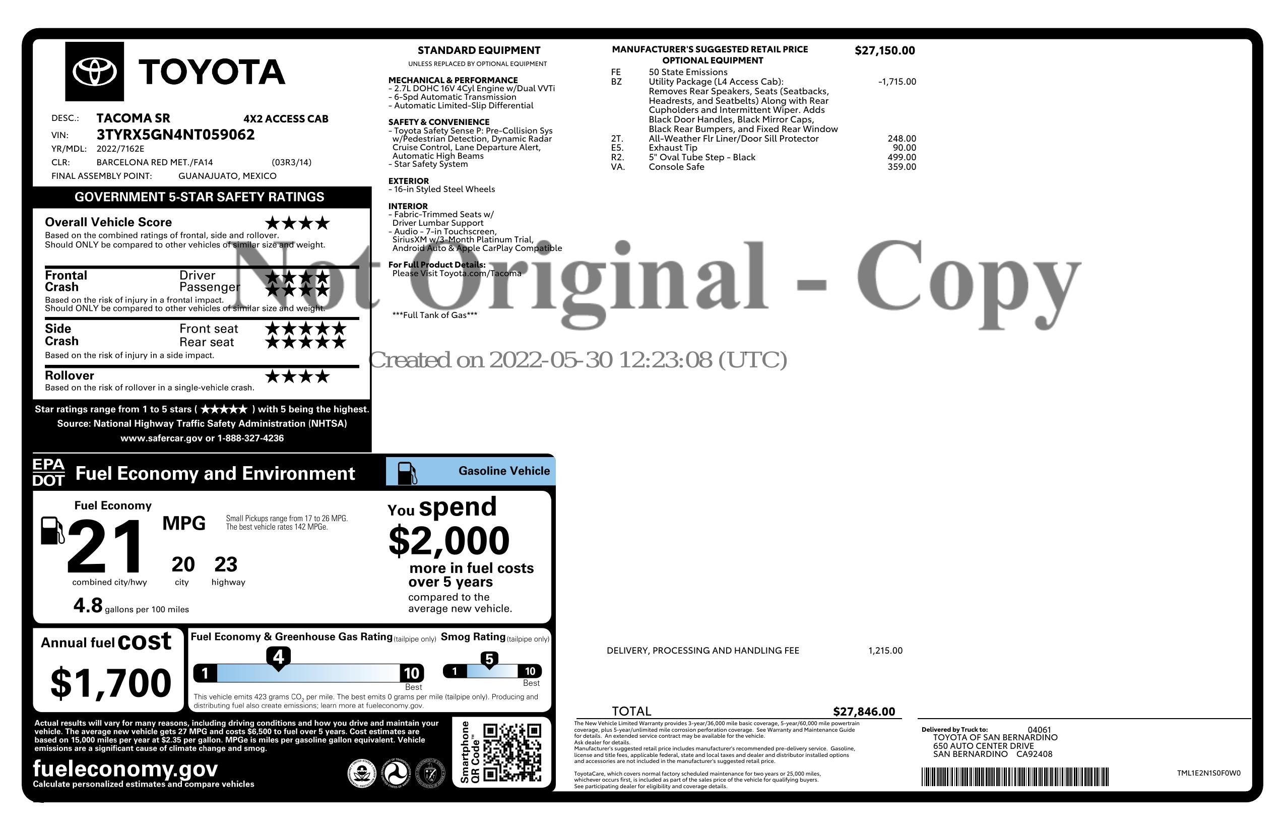 Original window sticker for 2022 TOYOTA TACOMA 2WD SR