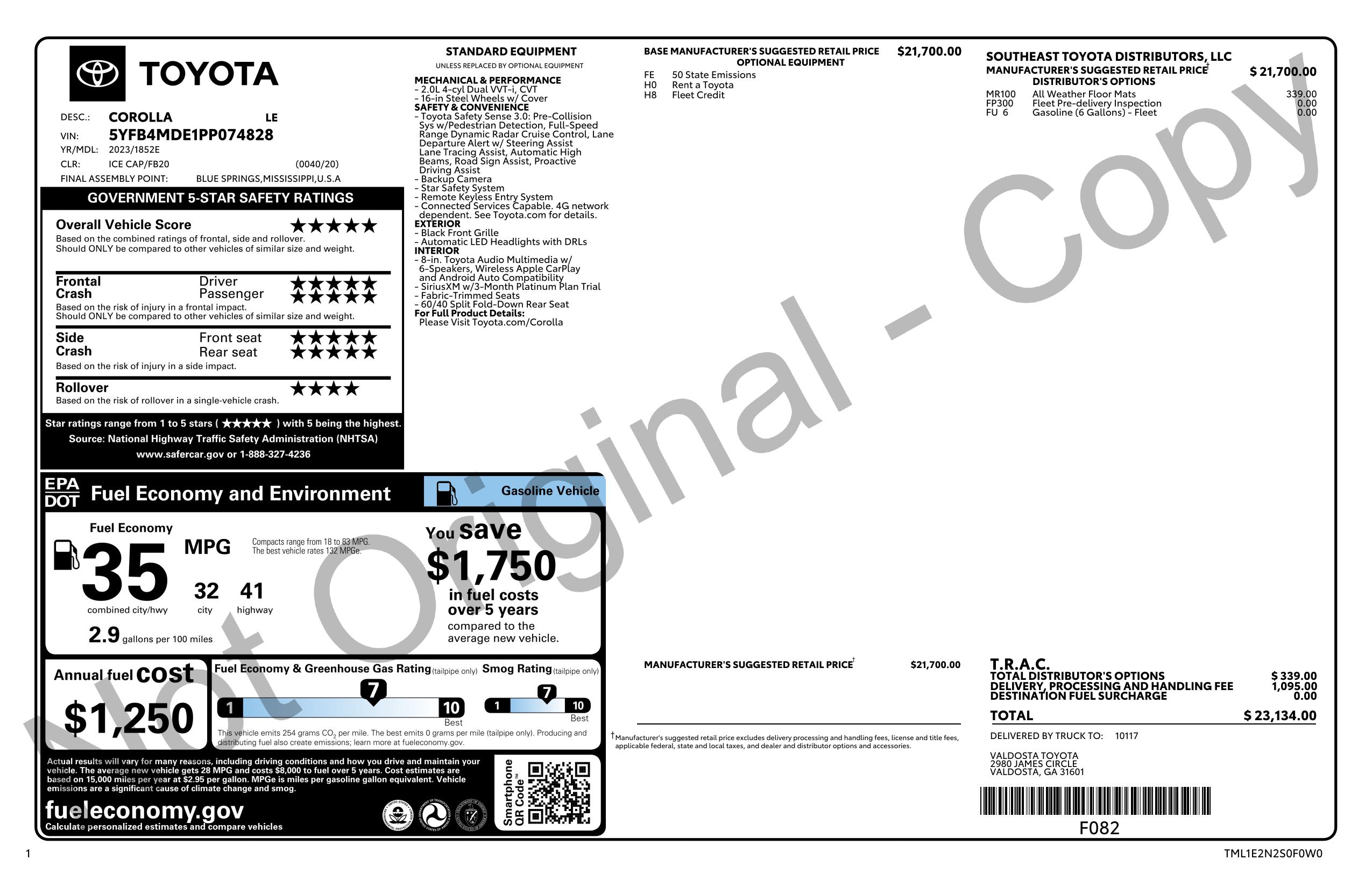 Original window sticker for 2023 TOYOTA COROLLA LE