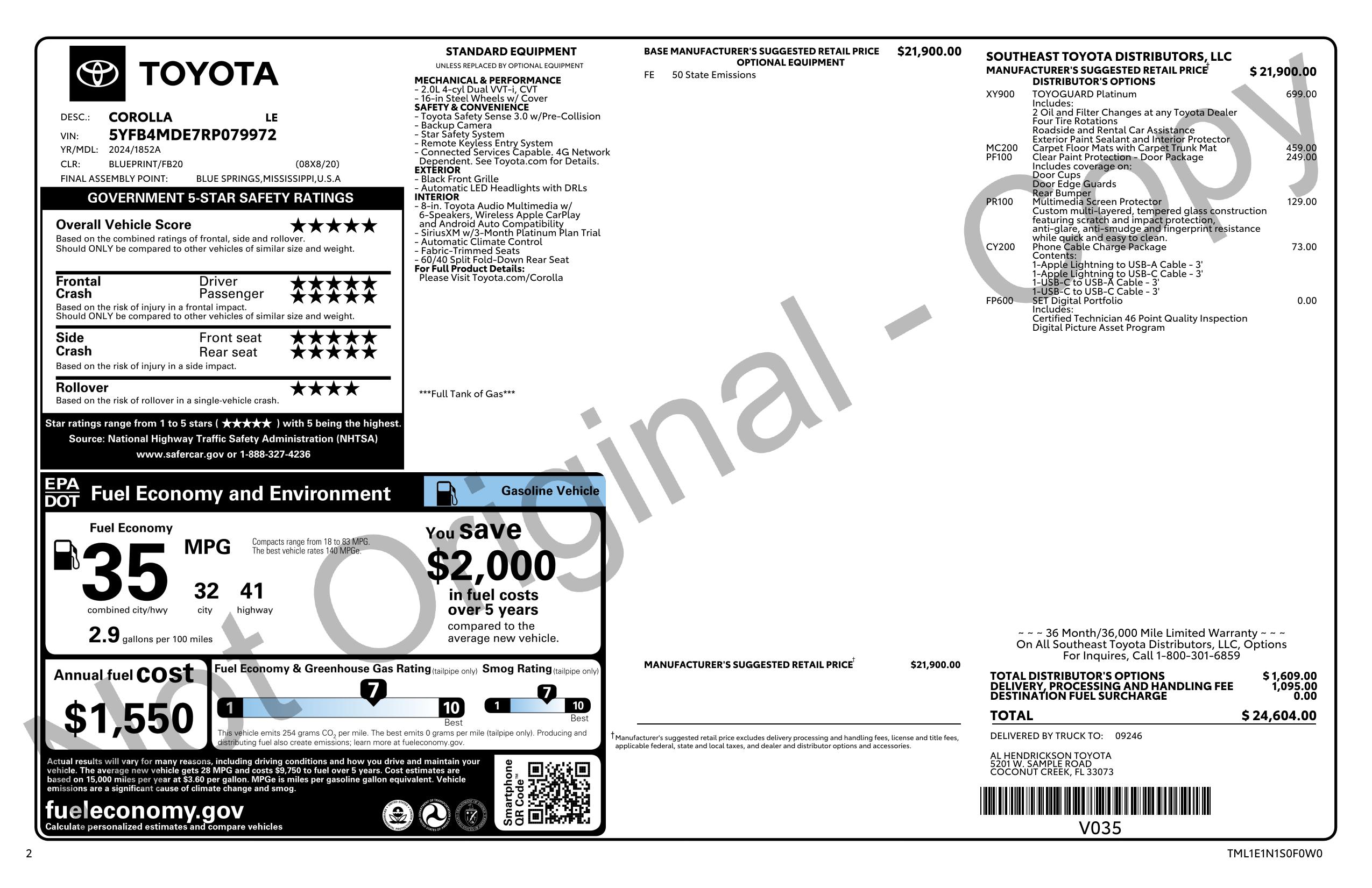 Original window sticker for 2024 TOYOTA COROLLA LE